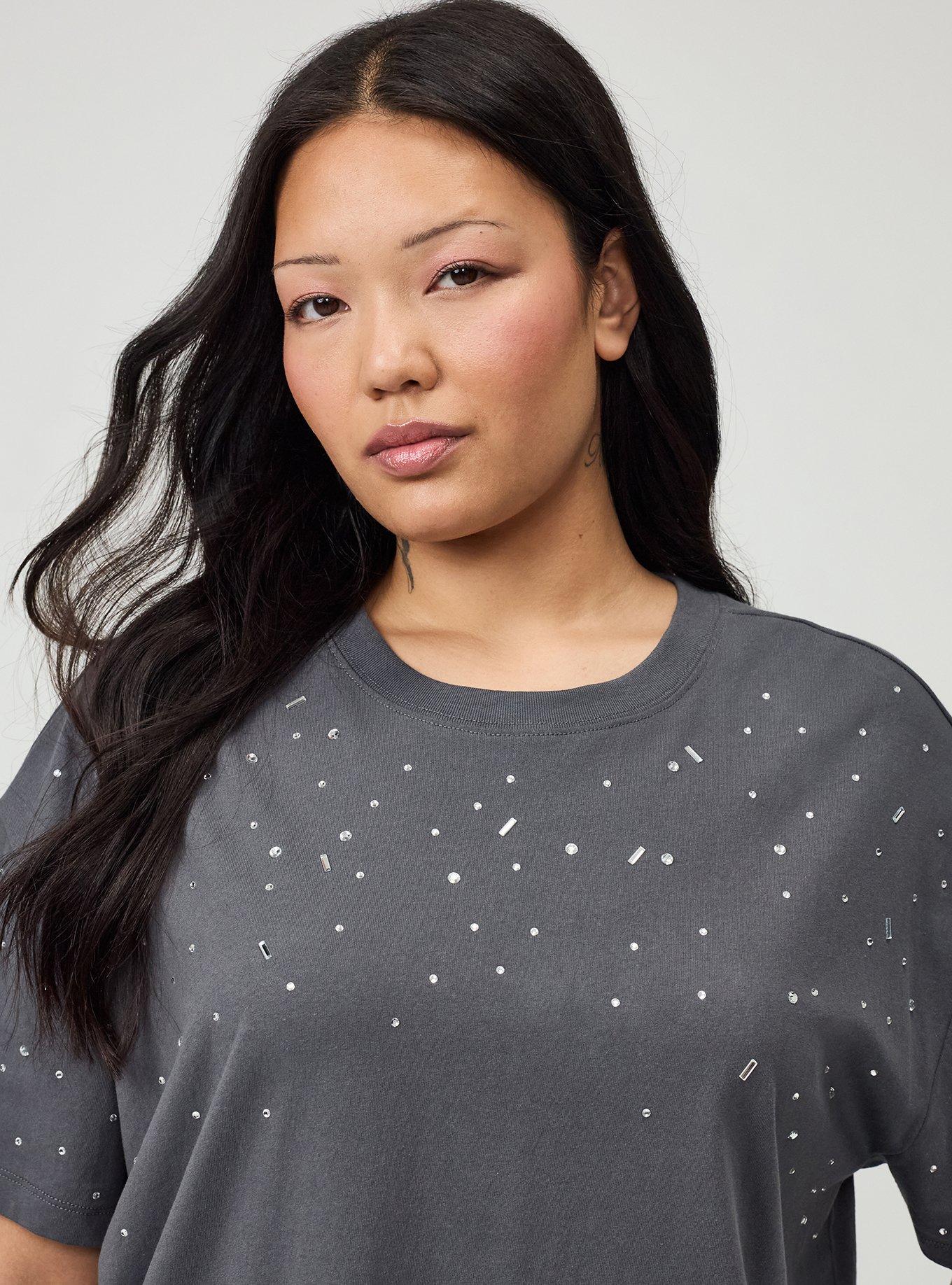 Cotton Jersey Rhinestone Step Hem Relaxed Tee, MAGNET, alternate