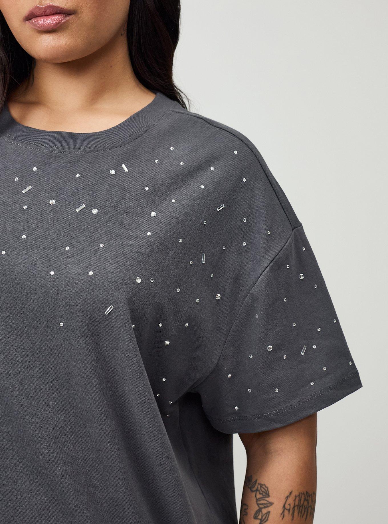 Cotton Jersey Rhinestone Step Hem Relaxed Tee, MAGNET, alternate