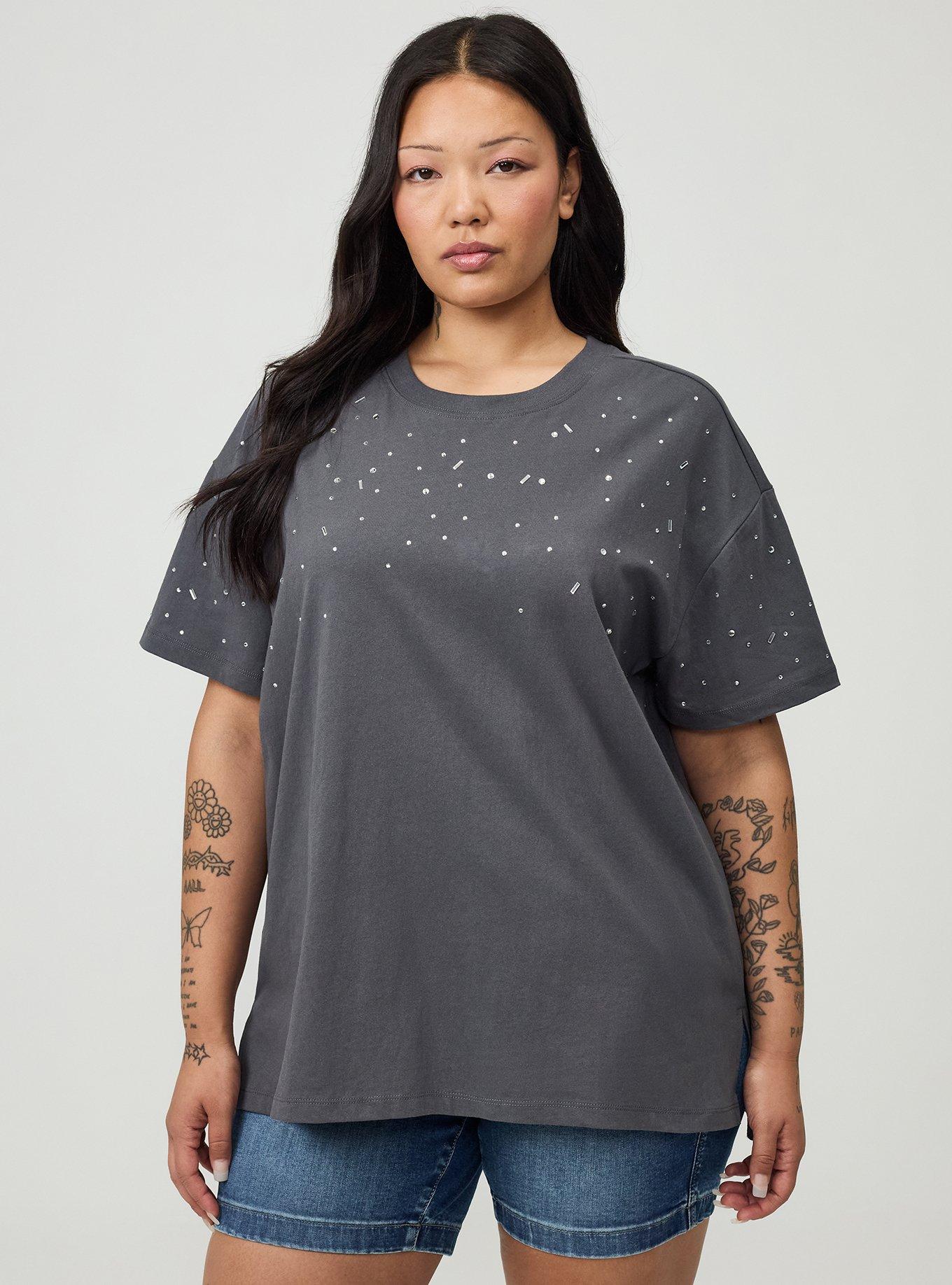 Cotton Jersey Rhinestone Step Hem Relaxed Tee, MAGNET, hi-res