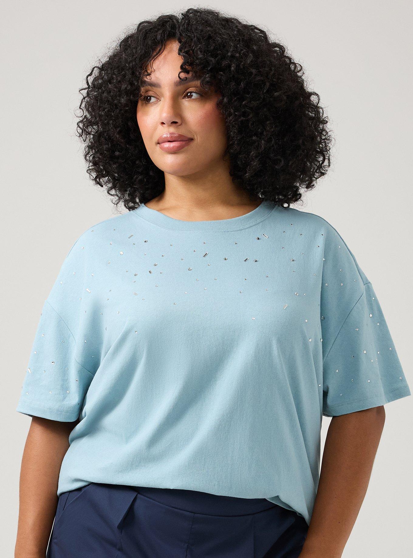 Cotton Jersey Rhinestone Step Hem Relaxed Tee, STONE BLUE, alternate