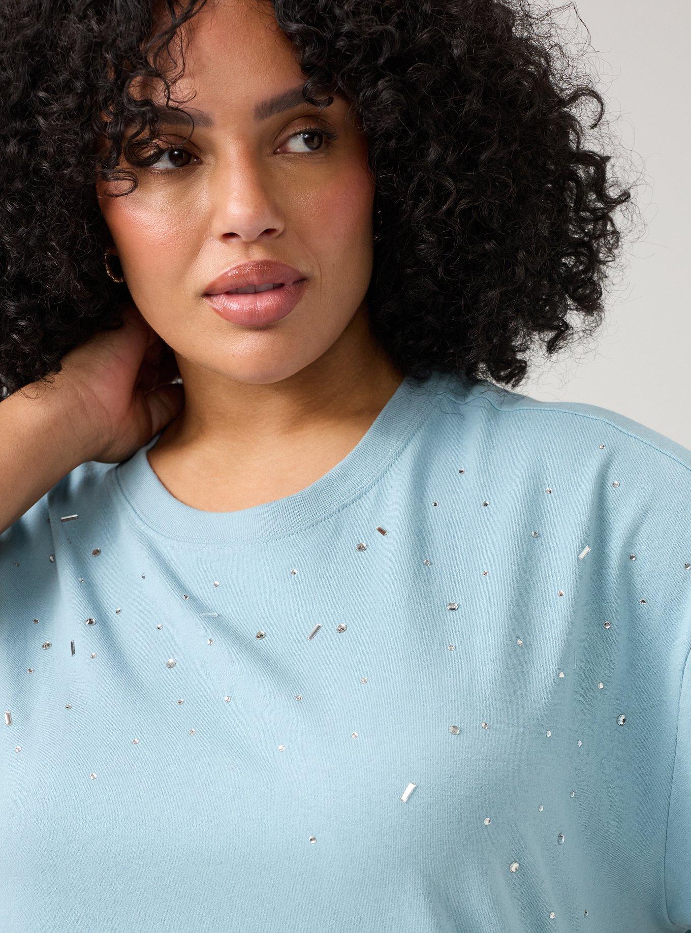 Cotton Jersey Rhinestone Step Hem Relaxed Tee, STONE BLUE, alternate