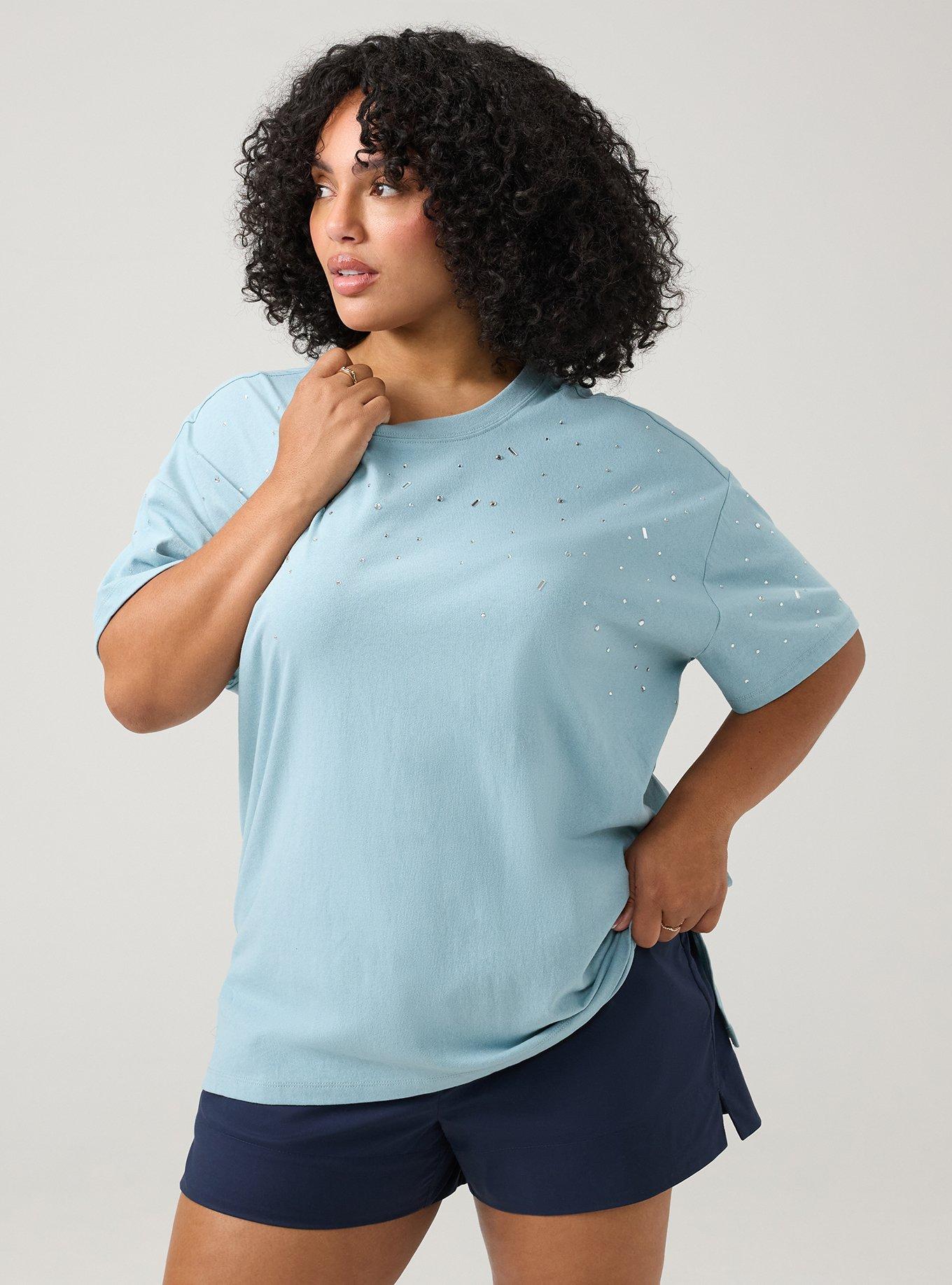 Cotton Jersey Rhinestone Step Hem Relaxed Tee, STONE BLUE, alternate