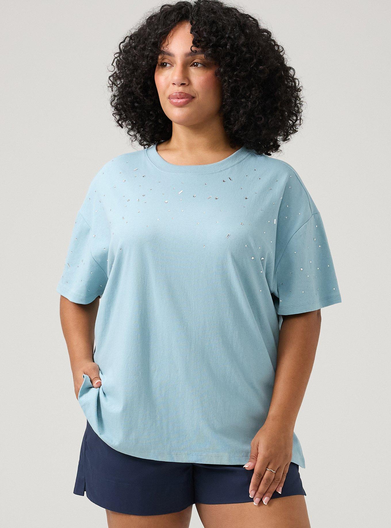 Cotton Jersey Rhinestone Step Hem Relaxed Tee, STONE BLUE, hi-res