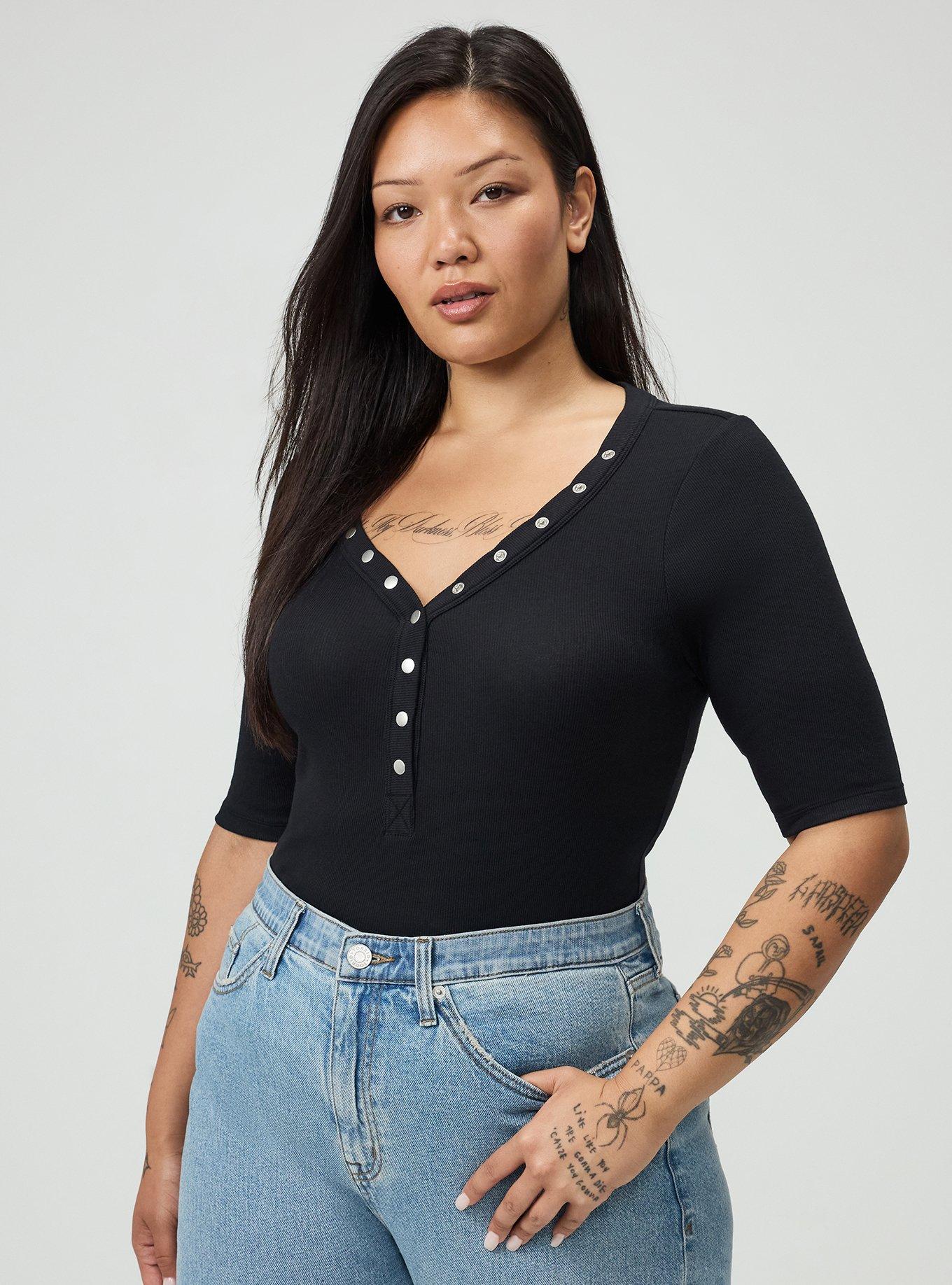 Plus Size Cotton Modal Rib Curved Henley Top, DEEP BLACK, alternate