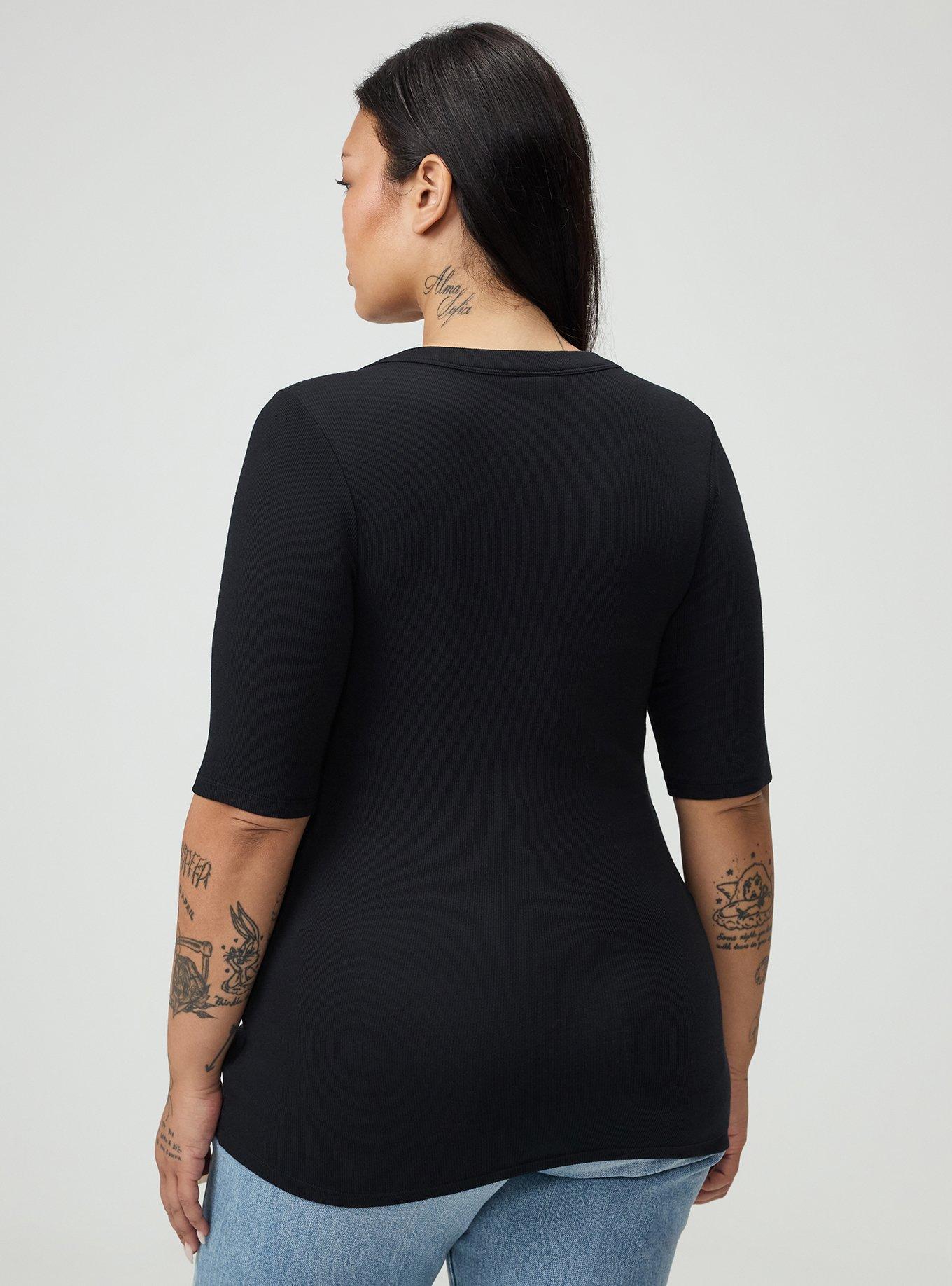 Plus Size Cotton Modal Rib Curved Henley Top, DEEP BLACK, alternate
