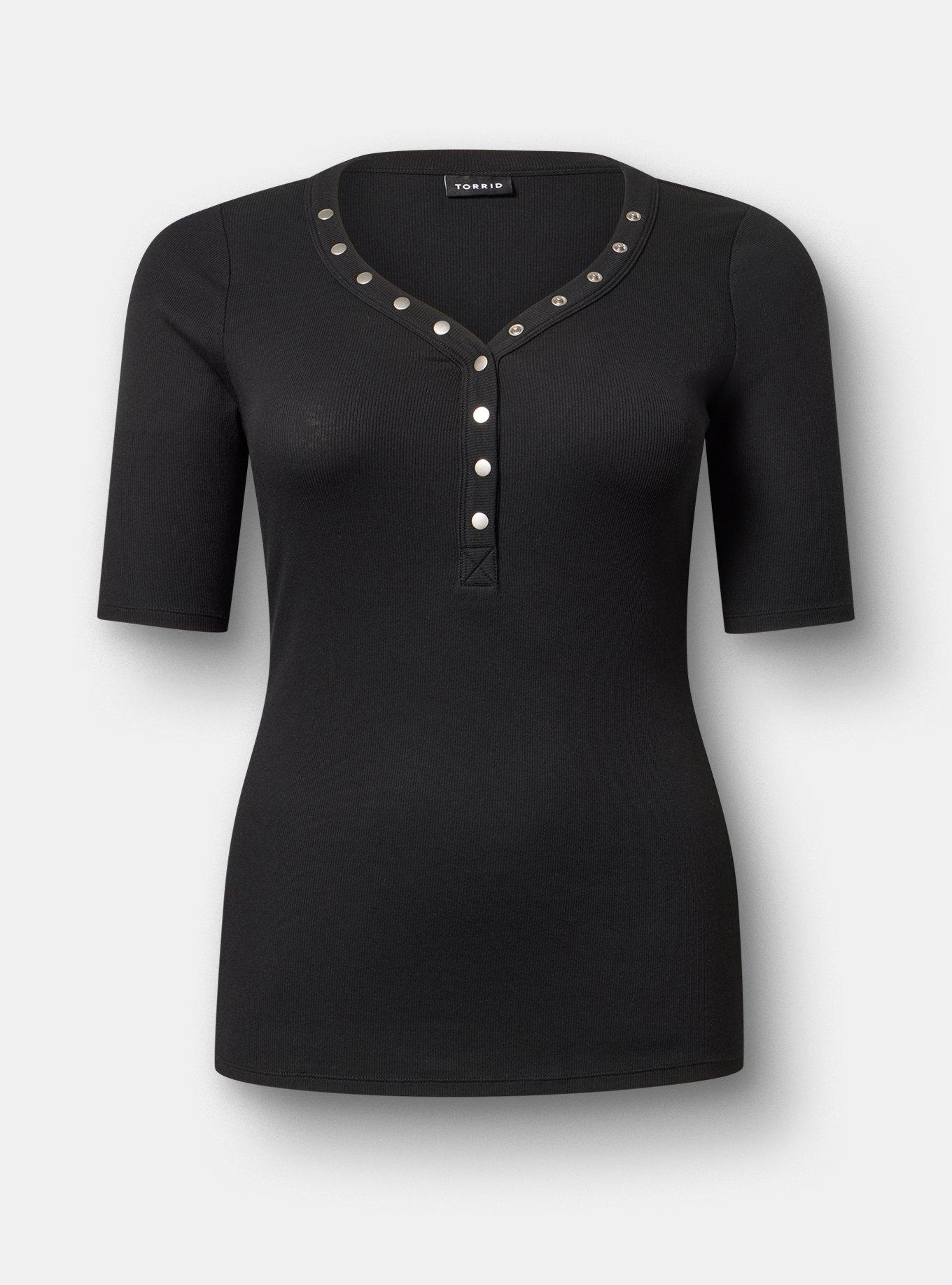 Plus Size Cotton Modal Rib Curved Henley Top, DEEP BLACK, flat