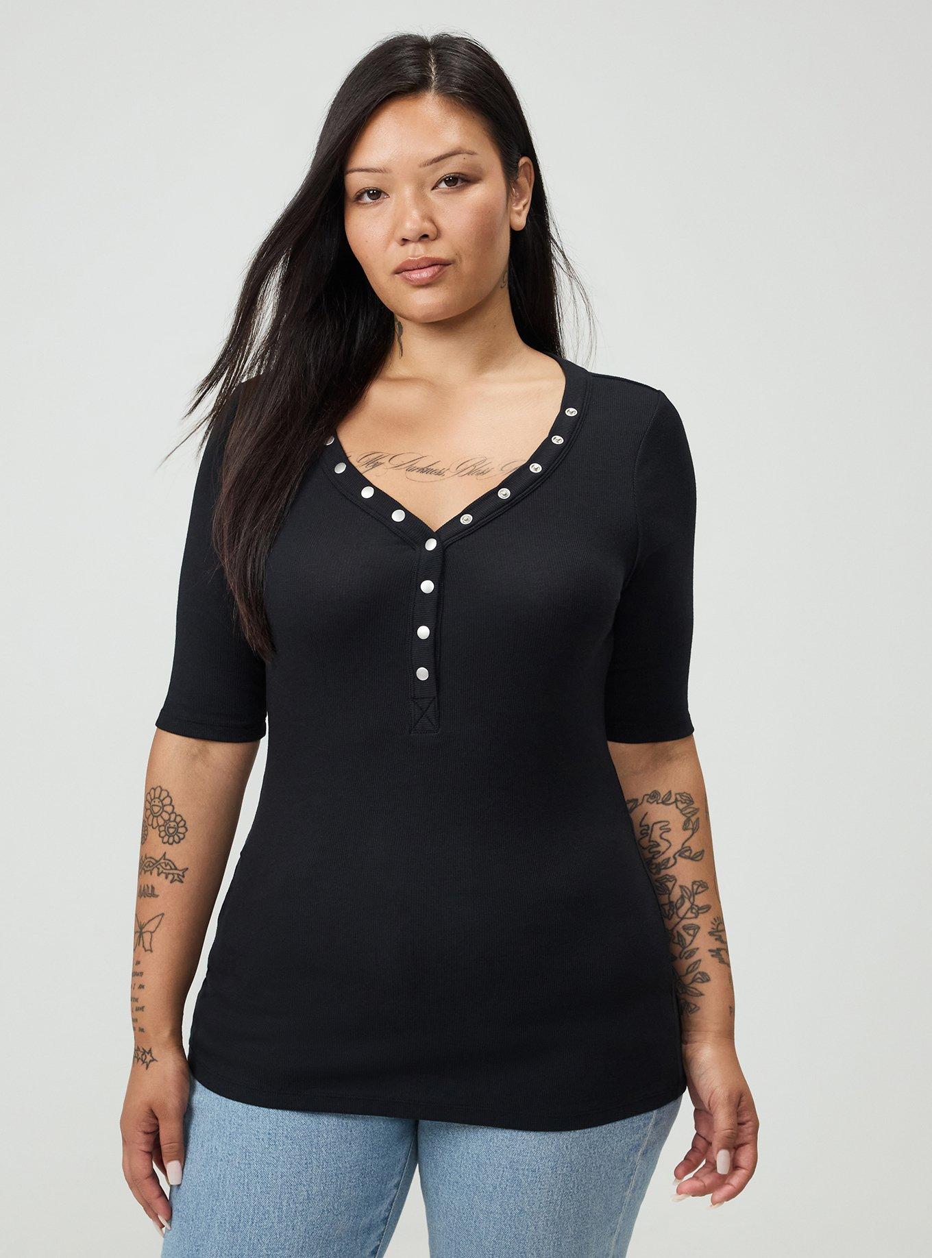 Plus Size Cotton Modal Rib Curved Henley Top, DEEP BLACK, hi-res