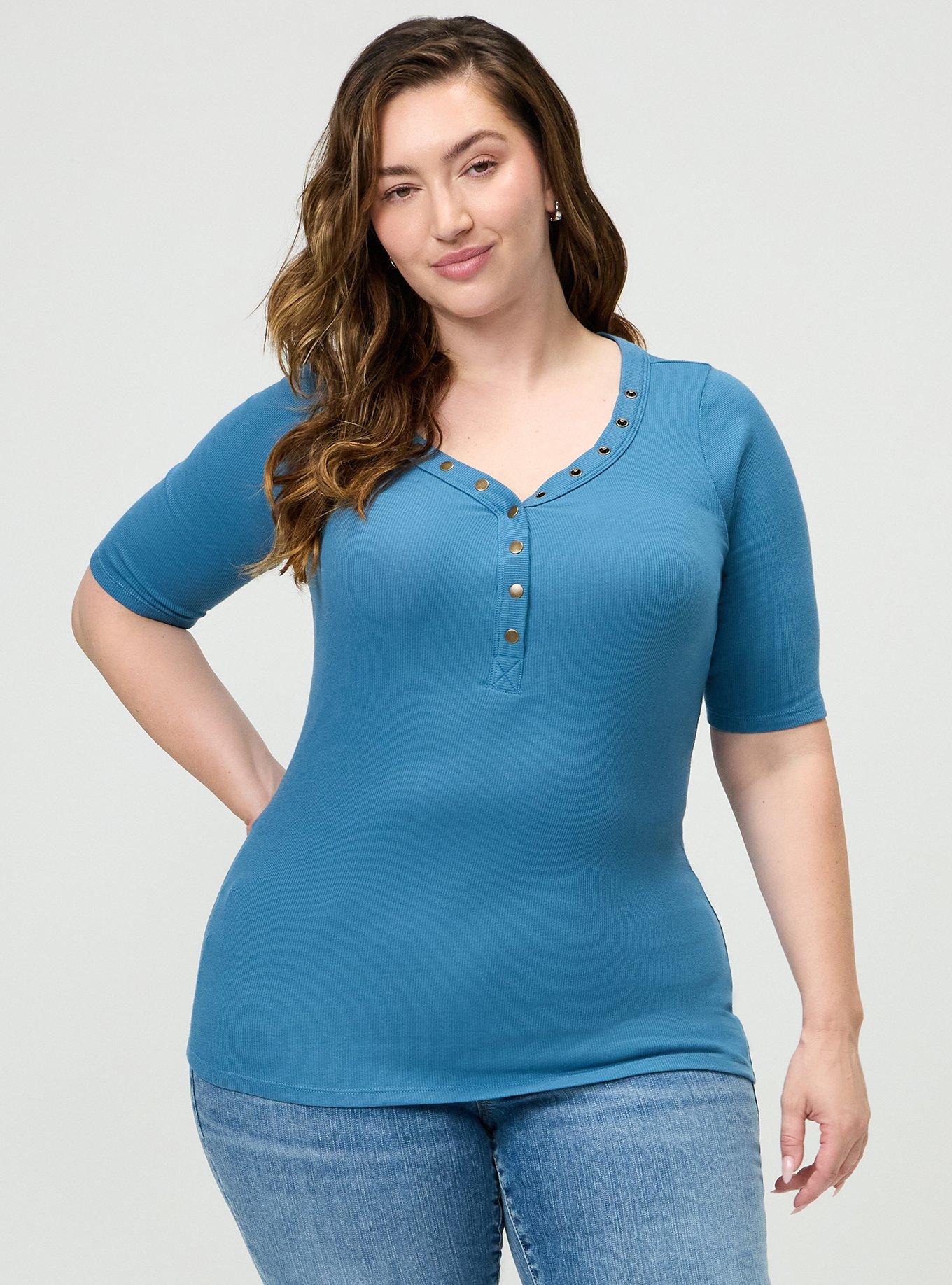 Cotton Modal Rib Curved Henley Top, STELLAR, hi-res