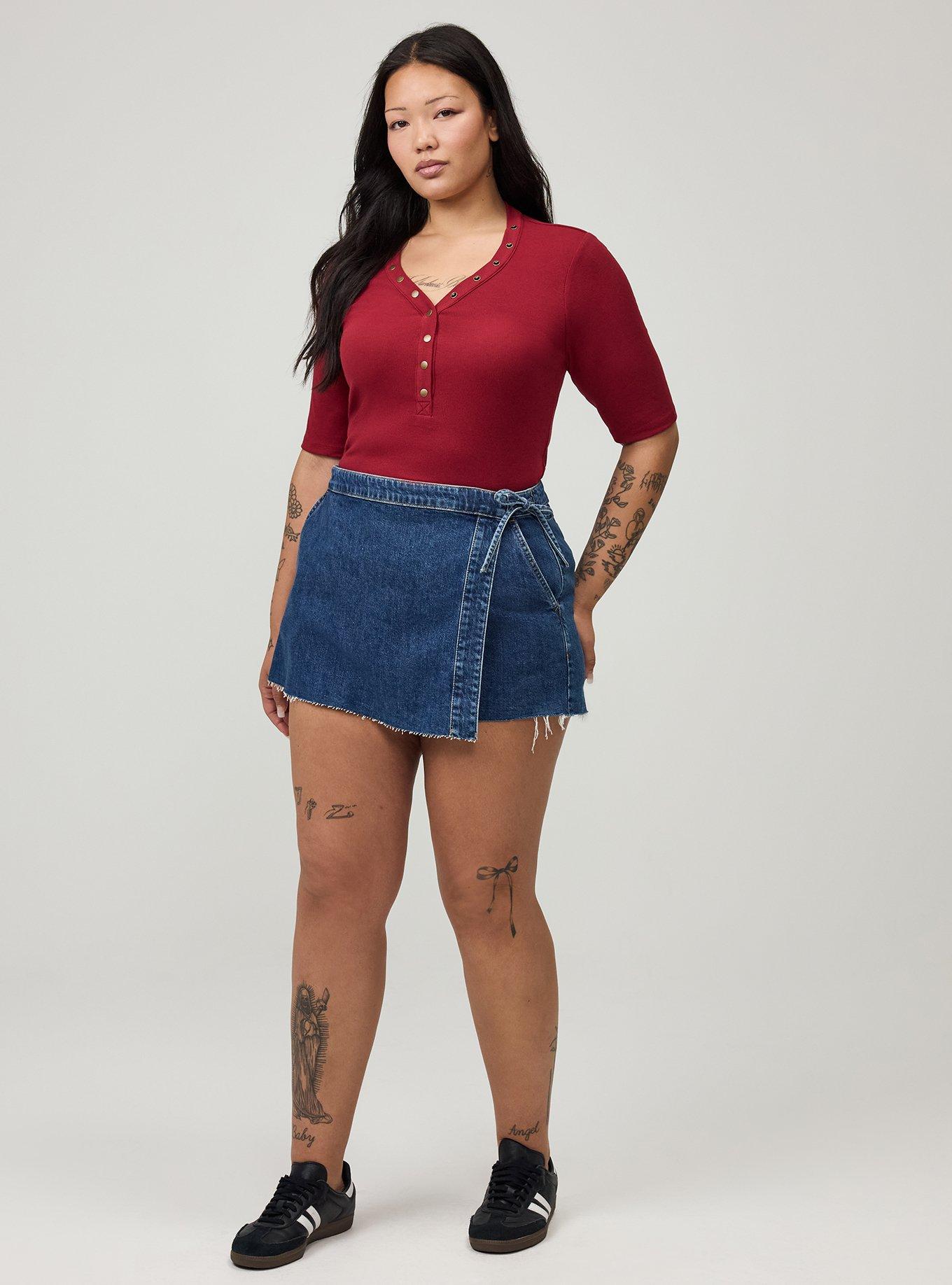 Plus Size Cotton Modal Rib Curved Henley Top, RHUBARB, alternate