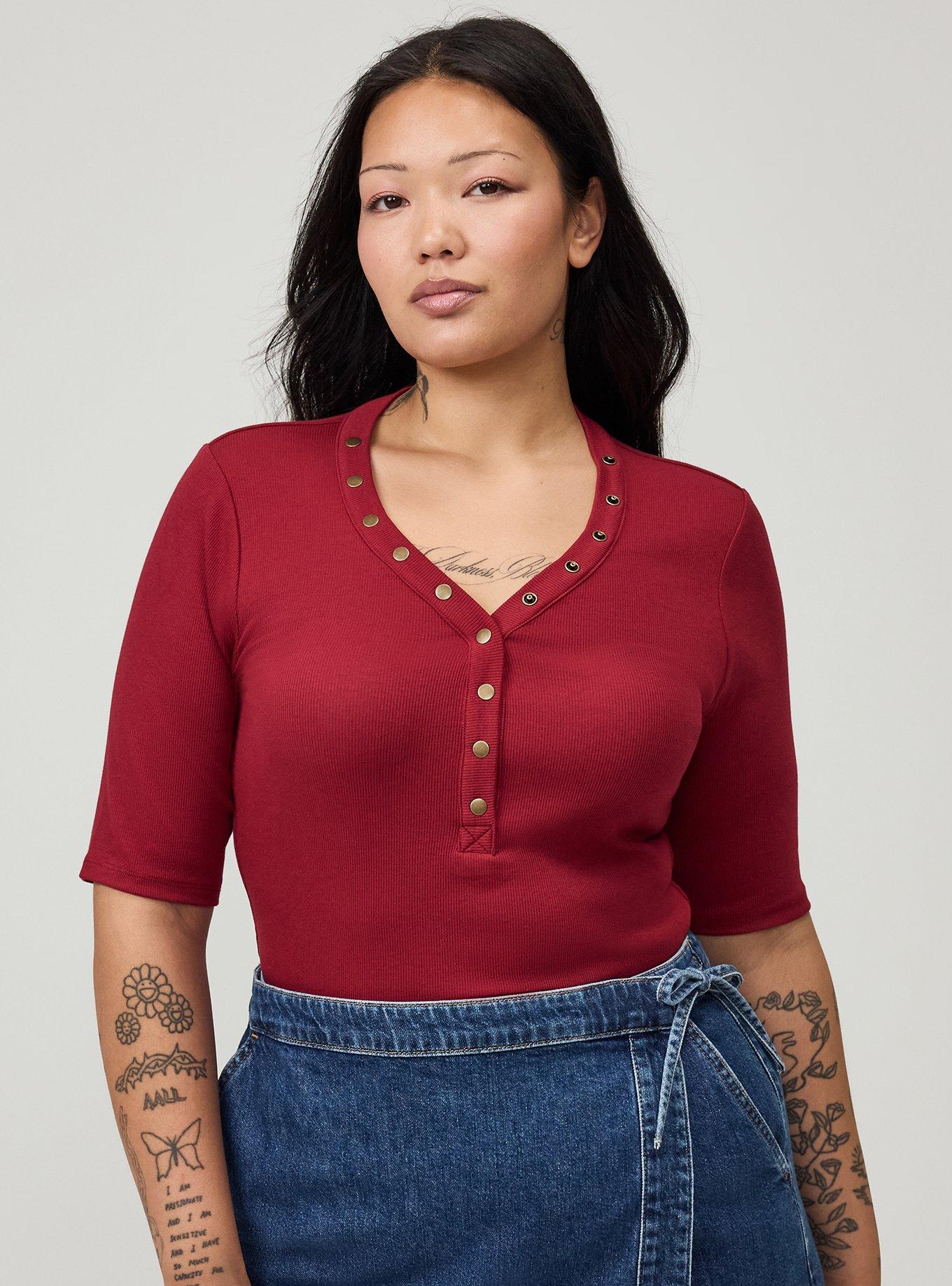 Plus Size Cotton Modal Rib Curved Henley Top, RHUBARB, alternate