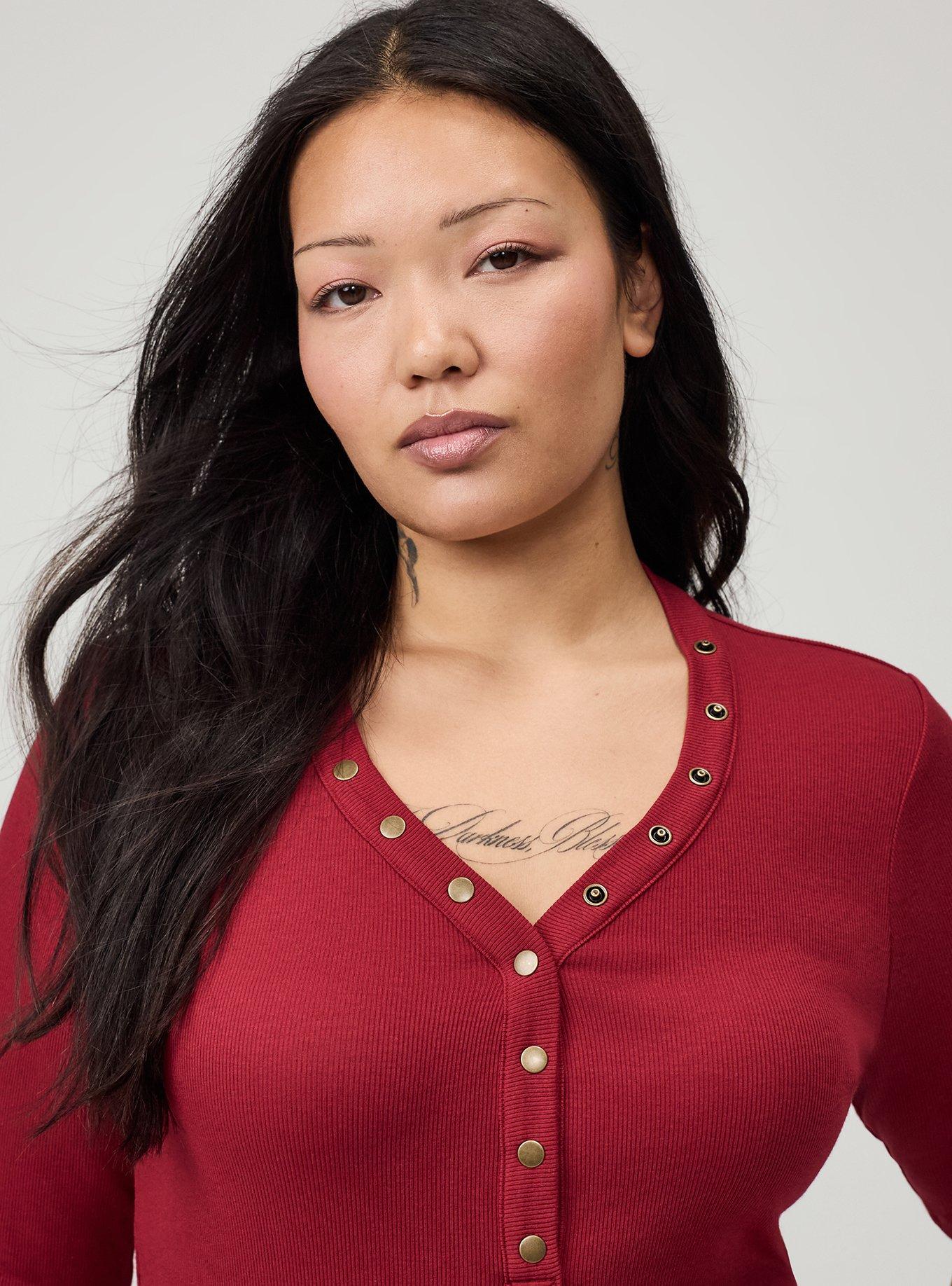 Plus Size Cotton Modal Rib Curved Henley Top, RHUBARB, alternate