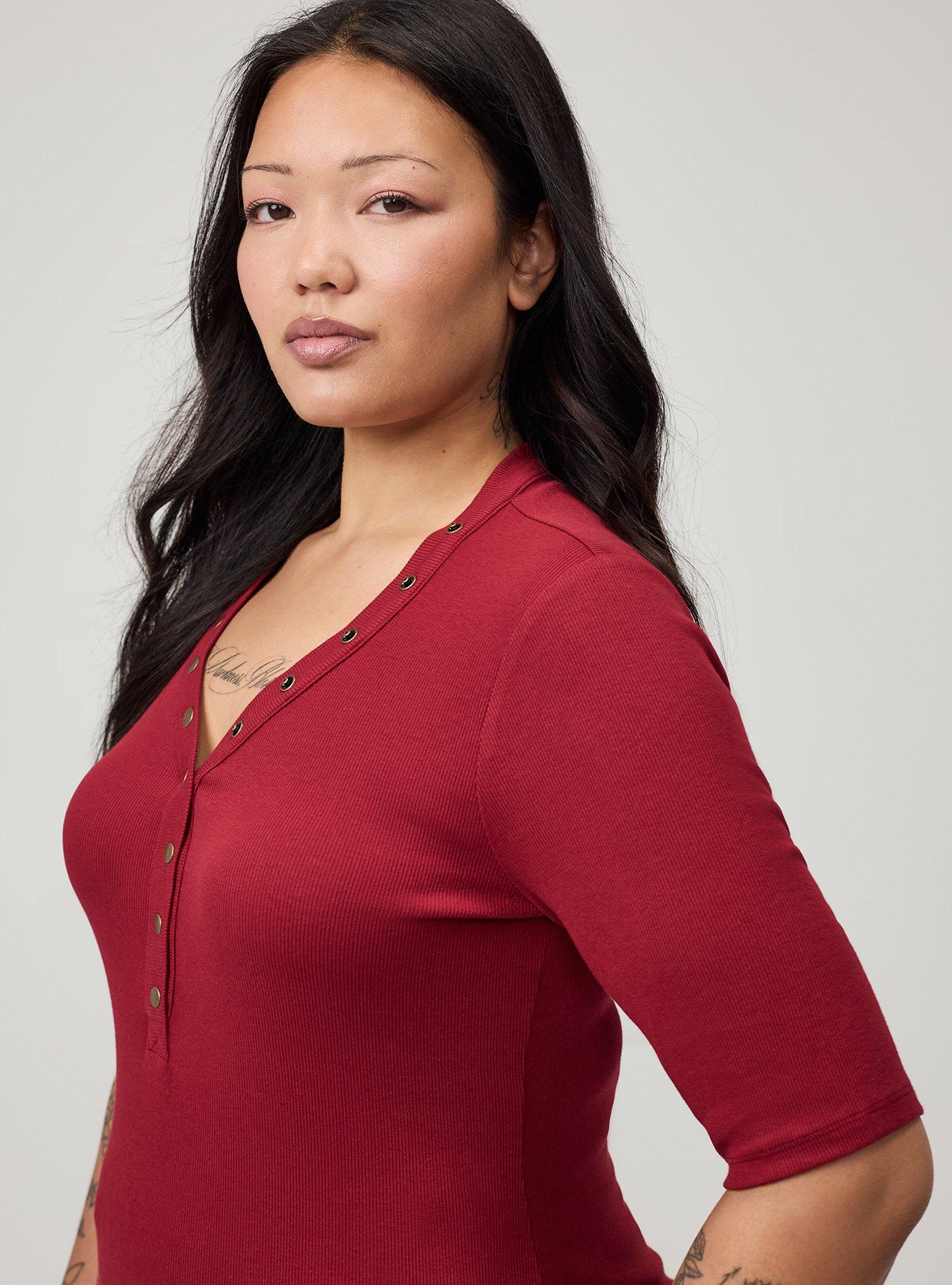 Plus Size Cotton Modal Rib Curved Henley Top, RHUBARB, alternate
