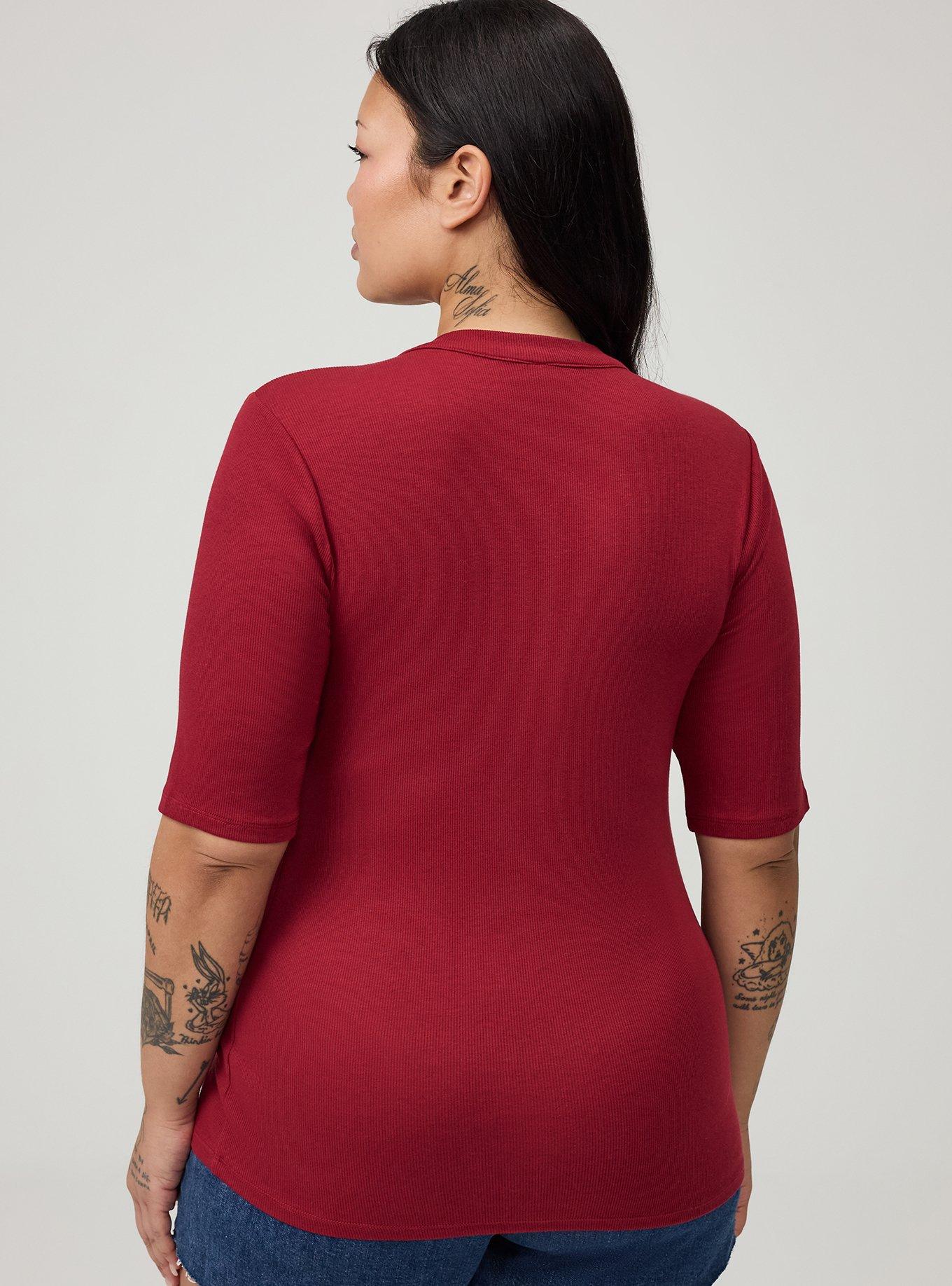 Plus Size Cotton Modal Rib Curved Henley Top, RHUBARB, alternate