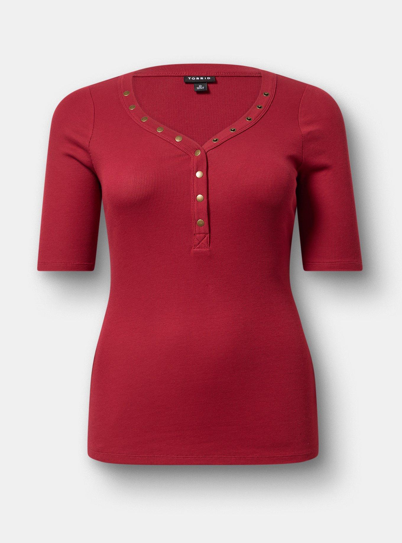 Plus Size Cotton Modal Rib Curved Henley Top, RHUBARB, flat