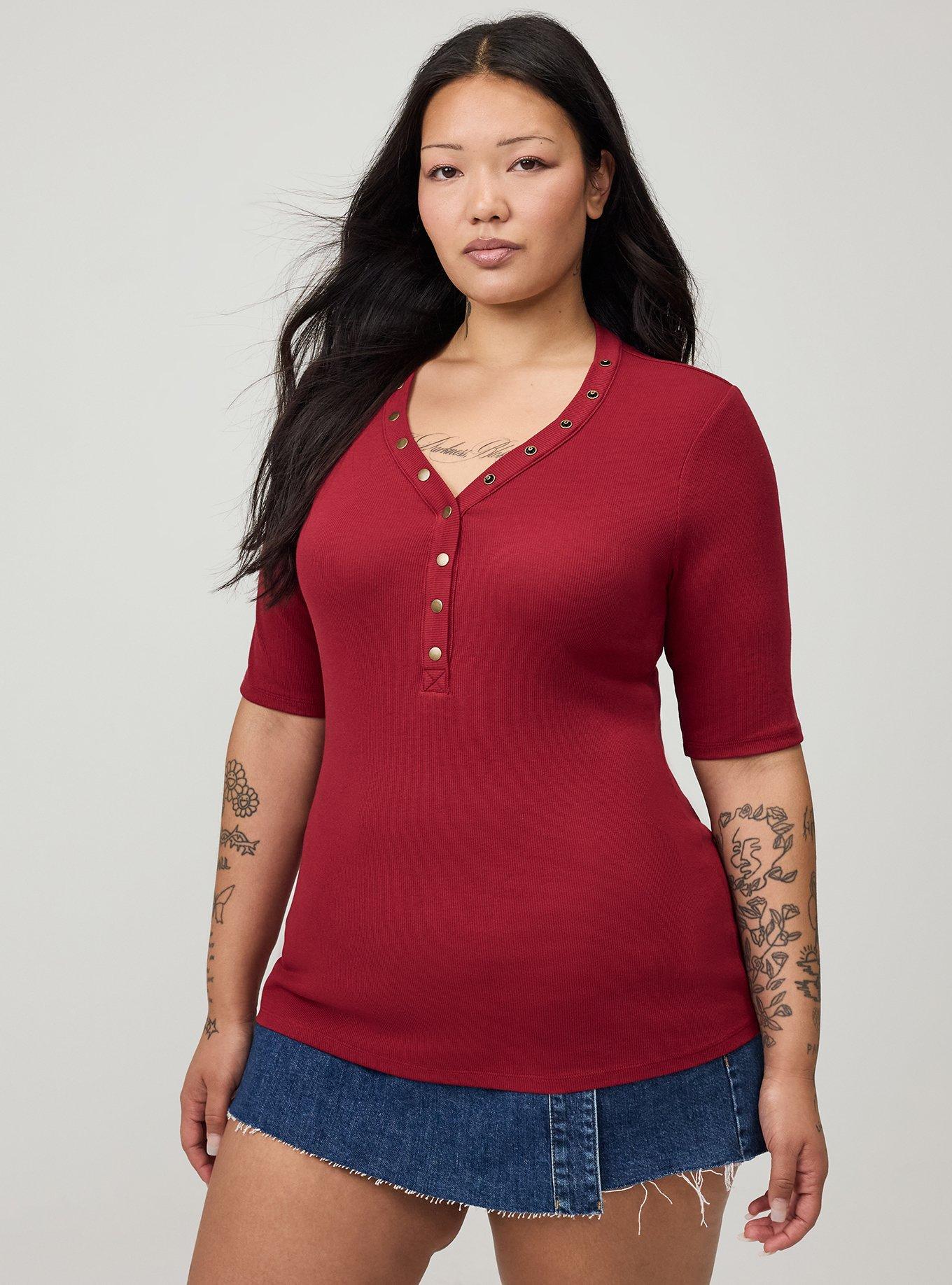 Plus Size Cotton Modal Rib Curved Henley Top, RHUBARB, hi-res
