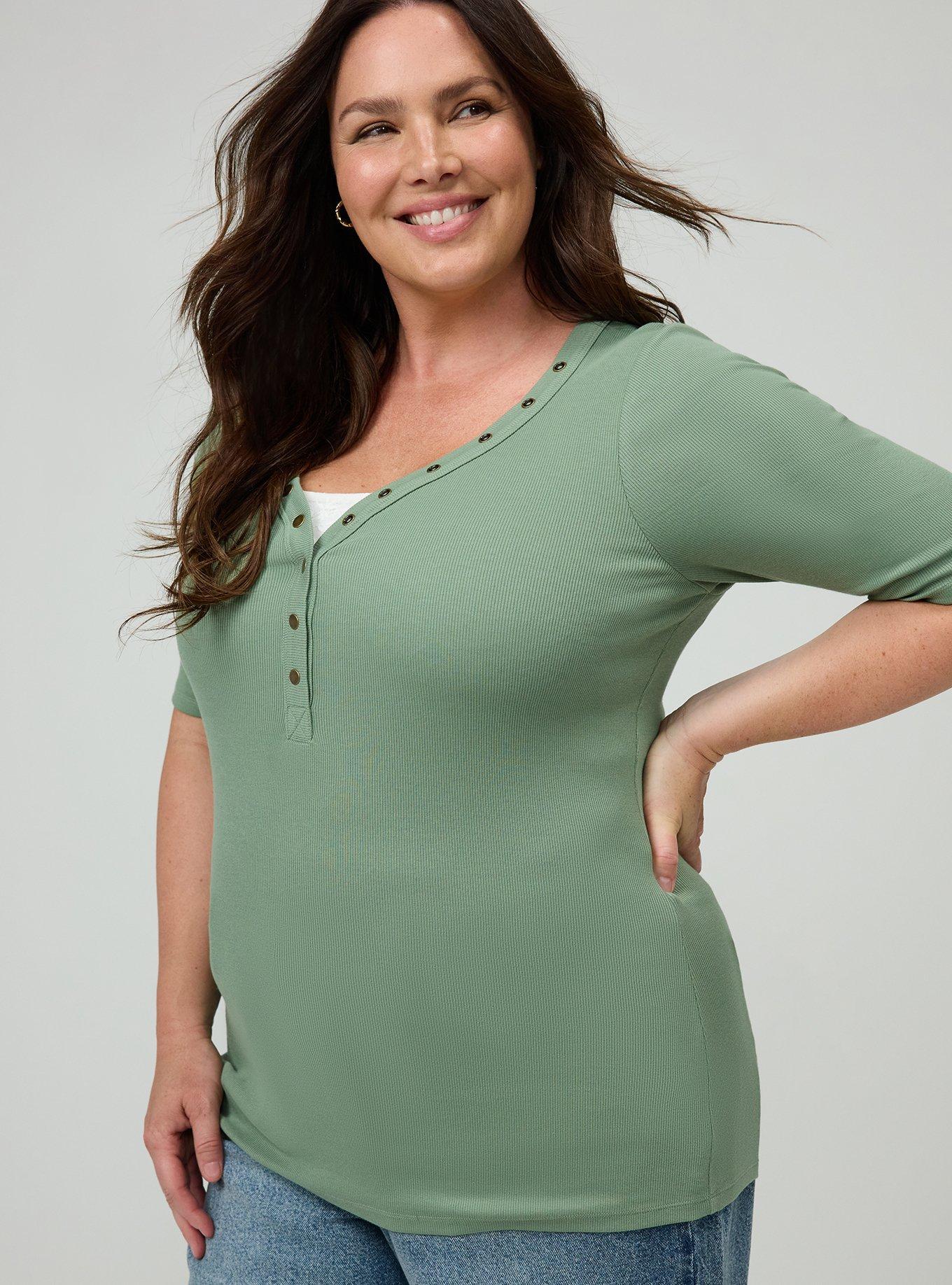 Cotton Modal Rib Curved Henley Top, HEDGE GREEN, alternate