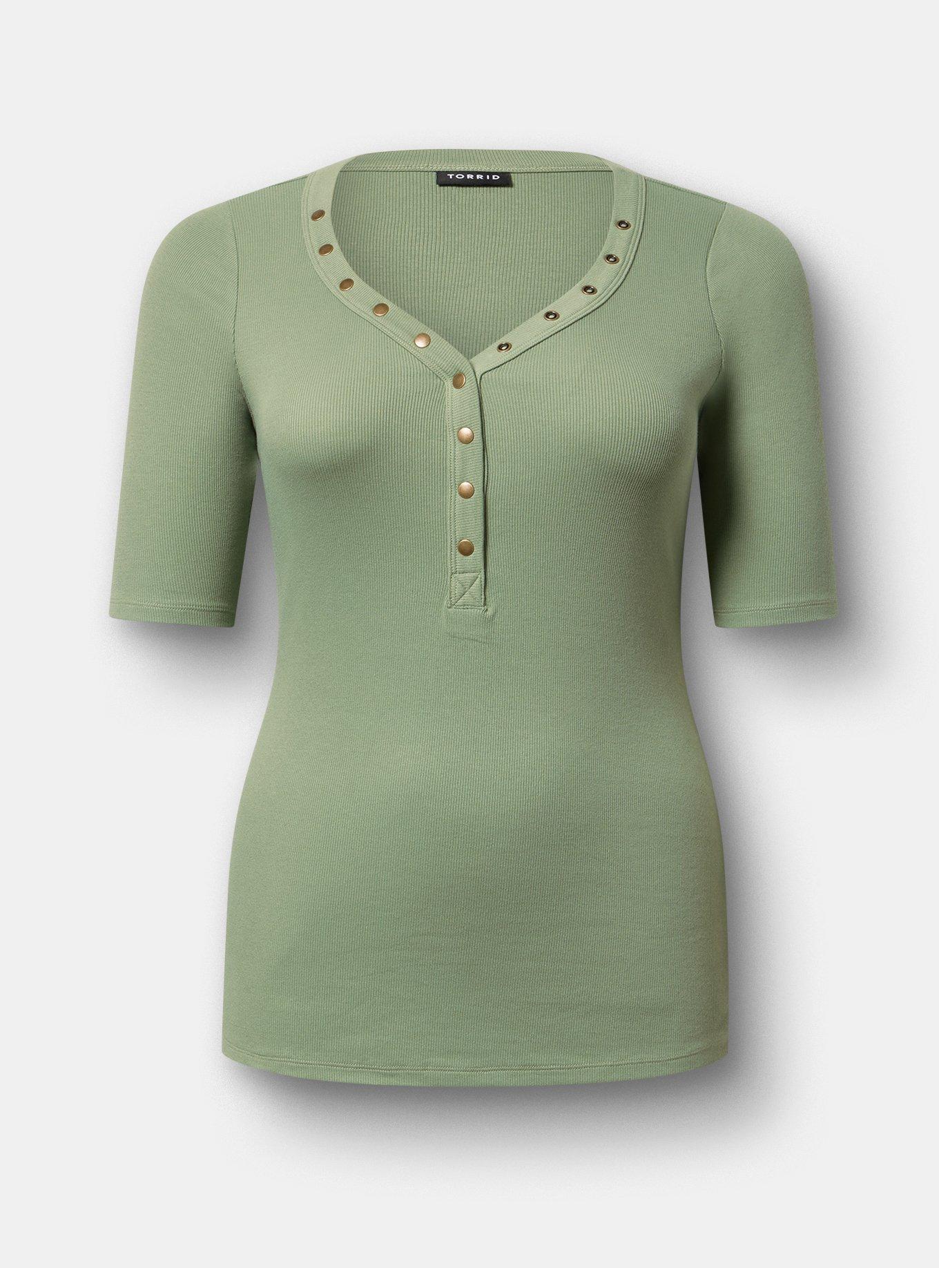 Cotton Modal Rib Curved Henley Top, HEDGE GREEN, flat