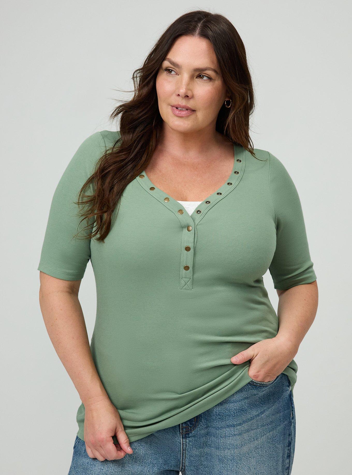 Cotton Modal Rib Curved Henley Top, HEDGE GREEN, hi-res