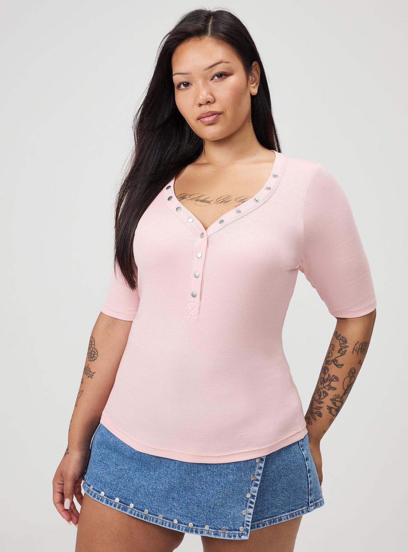 Cotton Modal Rib Curved Henley Top, SILVER PINK, hi-res