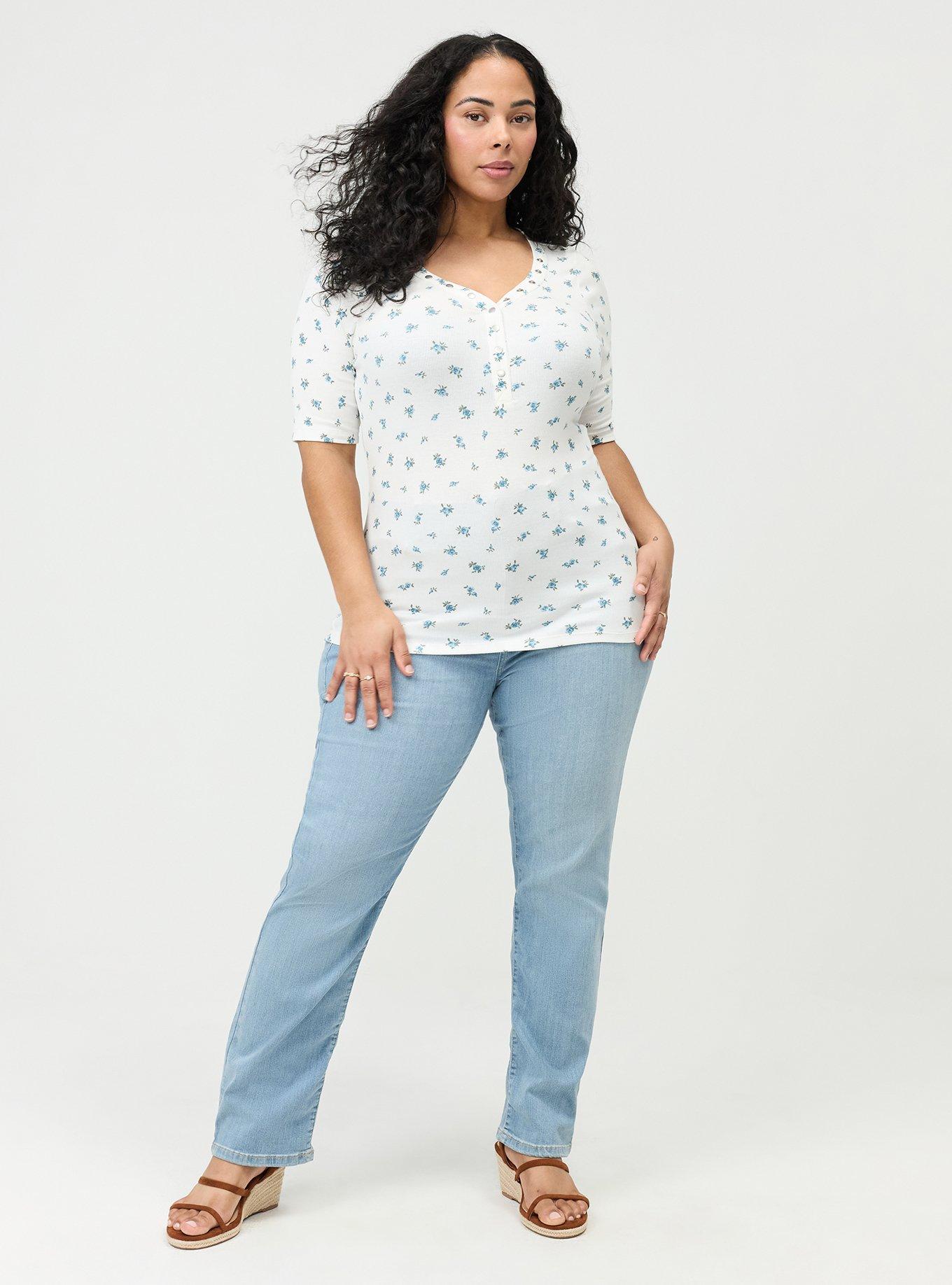 Cotton Modal Rib Curved Henley Top, ROSE DITSY FLORAL BLUE, alternate