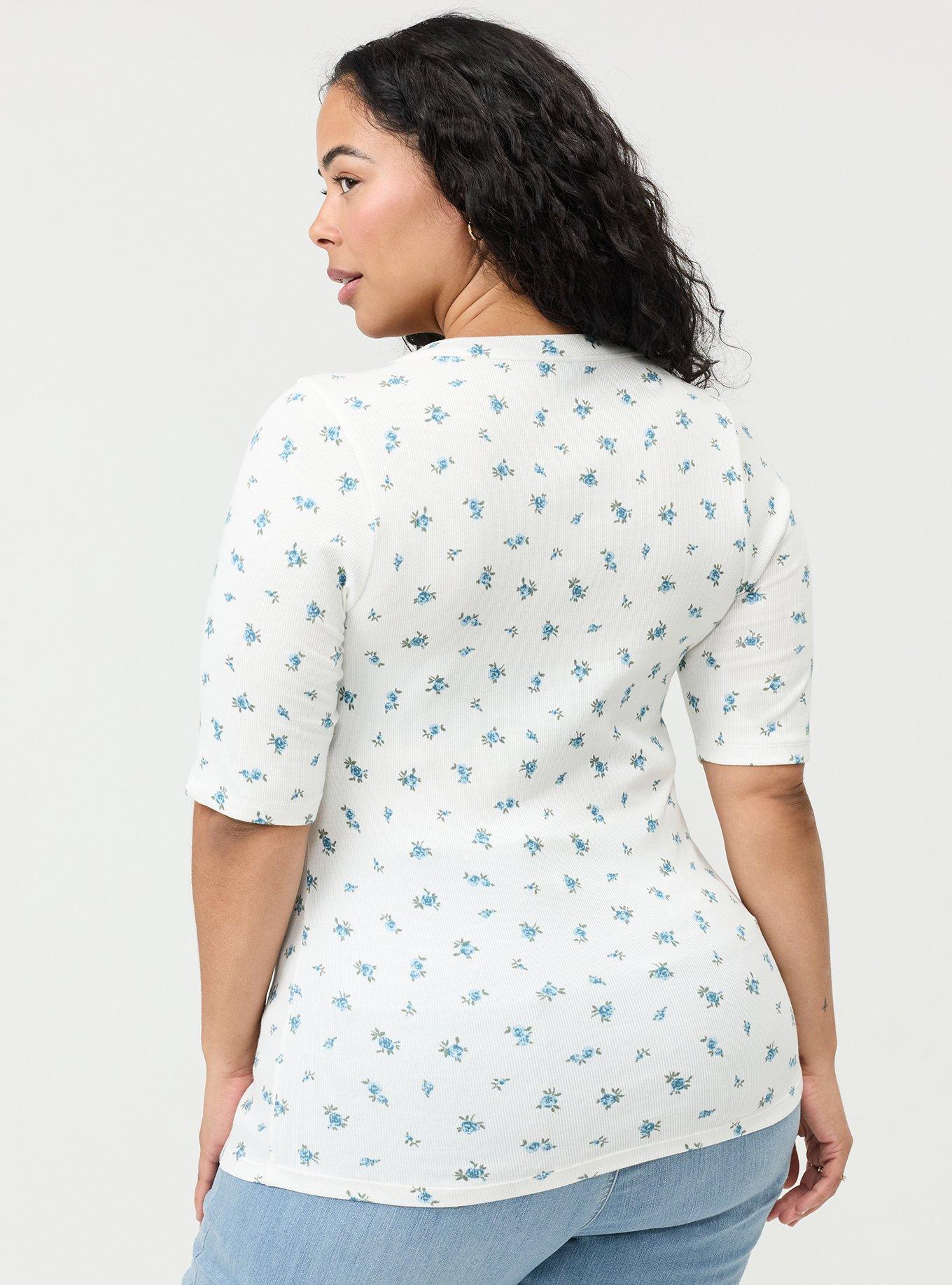 Cotton Modal Rib Curved Henley Top, ROSE DITSY FLORAL BLUE, alternate