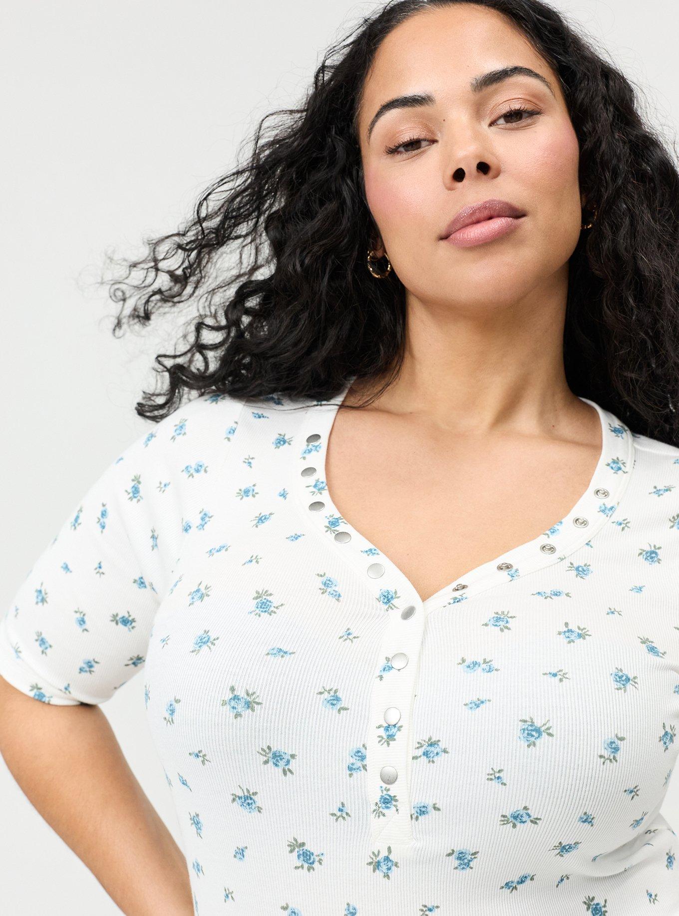 Cotton Modal Rib Curved Henley Top, ROSE DITSY FLORAL BLUE, alternate