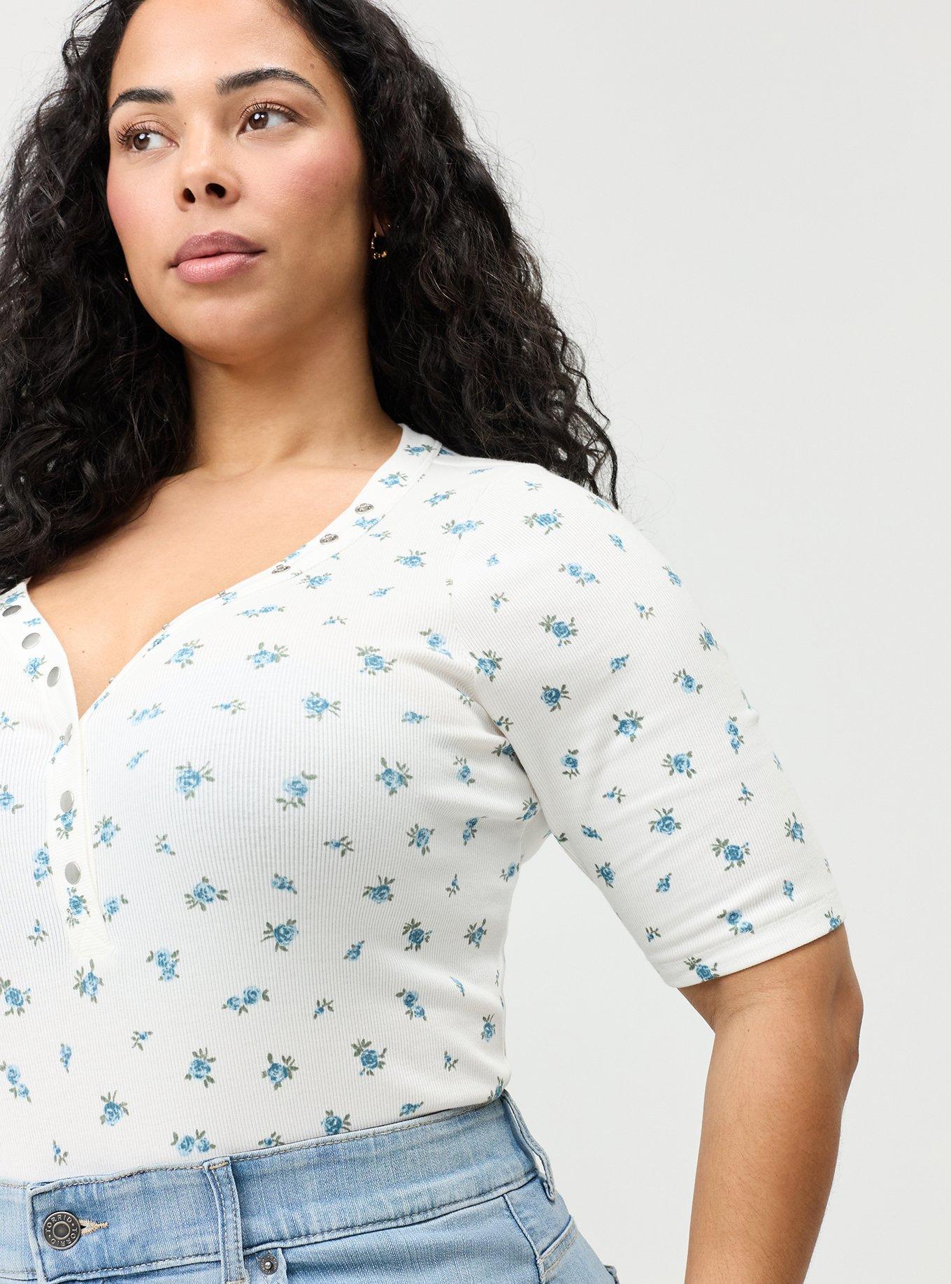 Cotton Modal Rib Curved Henley Top, ROSE DITSY FLORAL BLUE, alternate