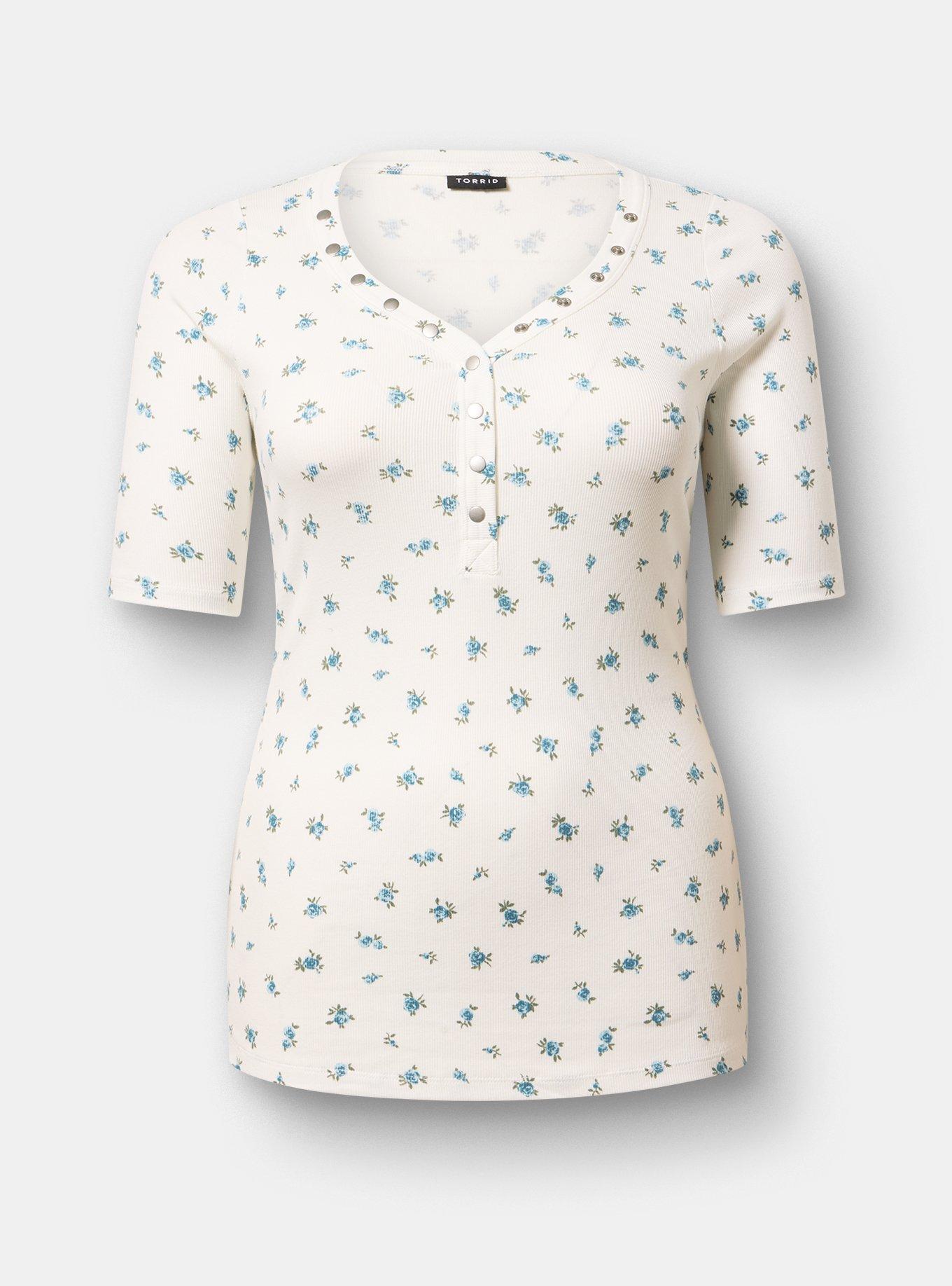 Cotton Modal Rib Curved Henley Top, ROSE DITSY FLORAL BLUE, hi-res