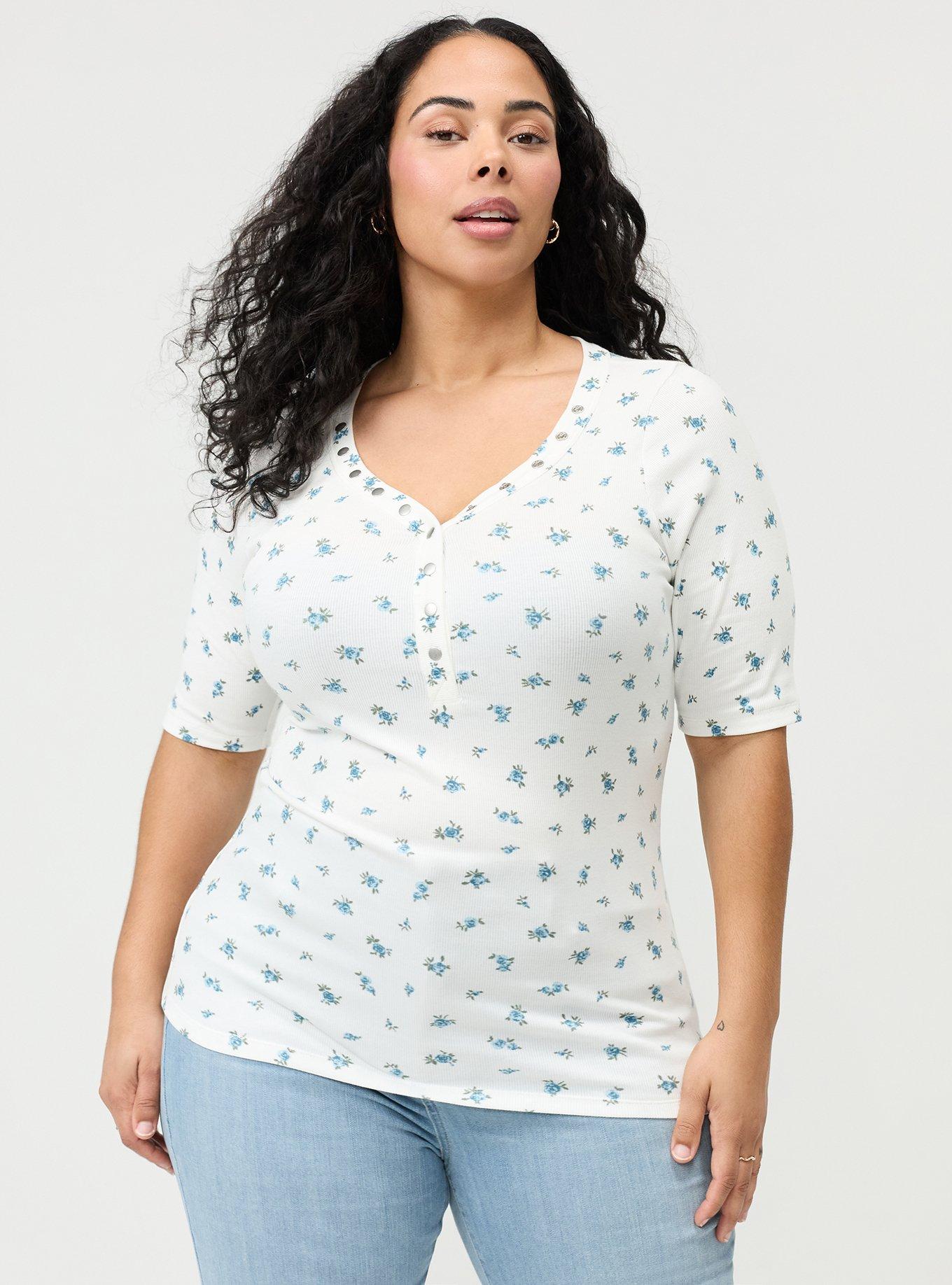 Cotton Modal Rib Curved Henley Top, ROSE DITSY FLORAL BLUE, hi-res