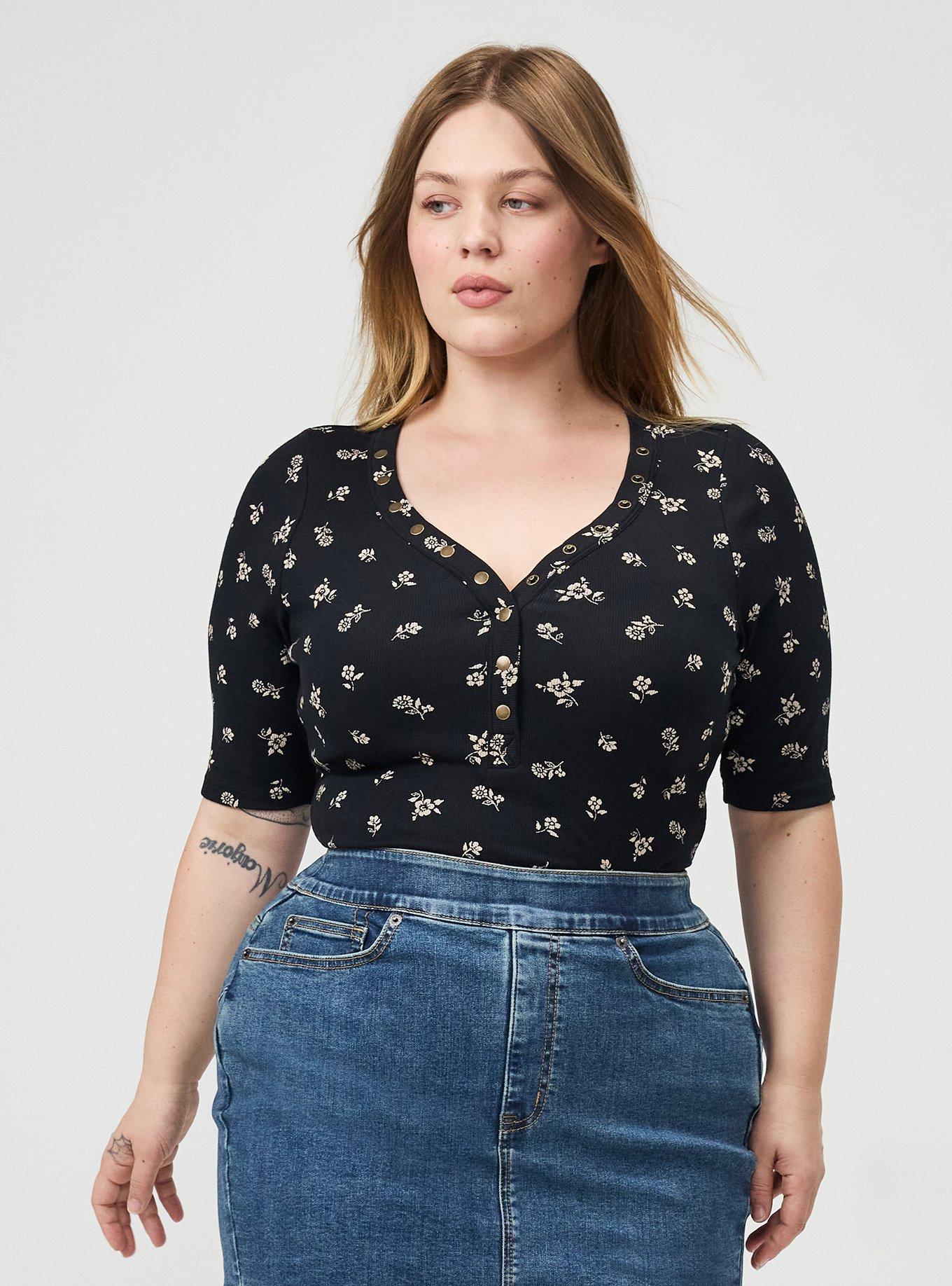 Plus Size Cotton Modal Rib Curved Henley Top, MERRIT DITSY BLACK, alternate