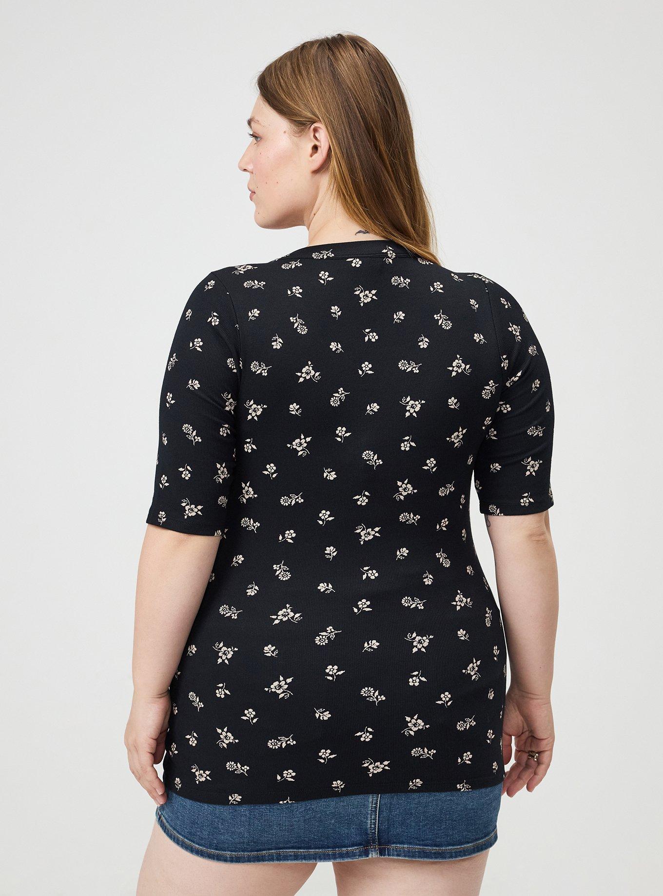 Plus Size Cotton Modal Rib Curved Henley Top, MERRIT DITSY BLACK, alternate