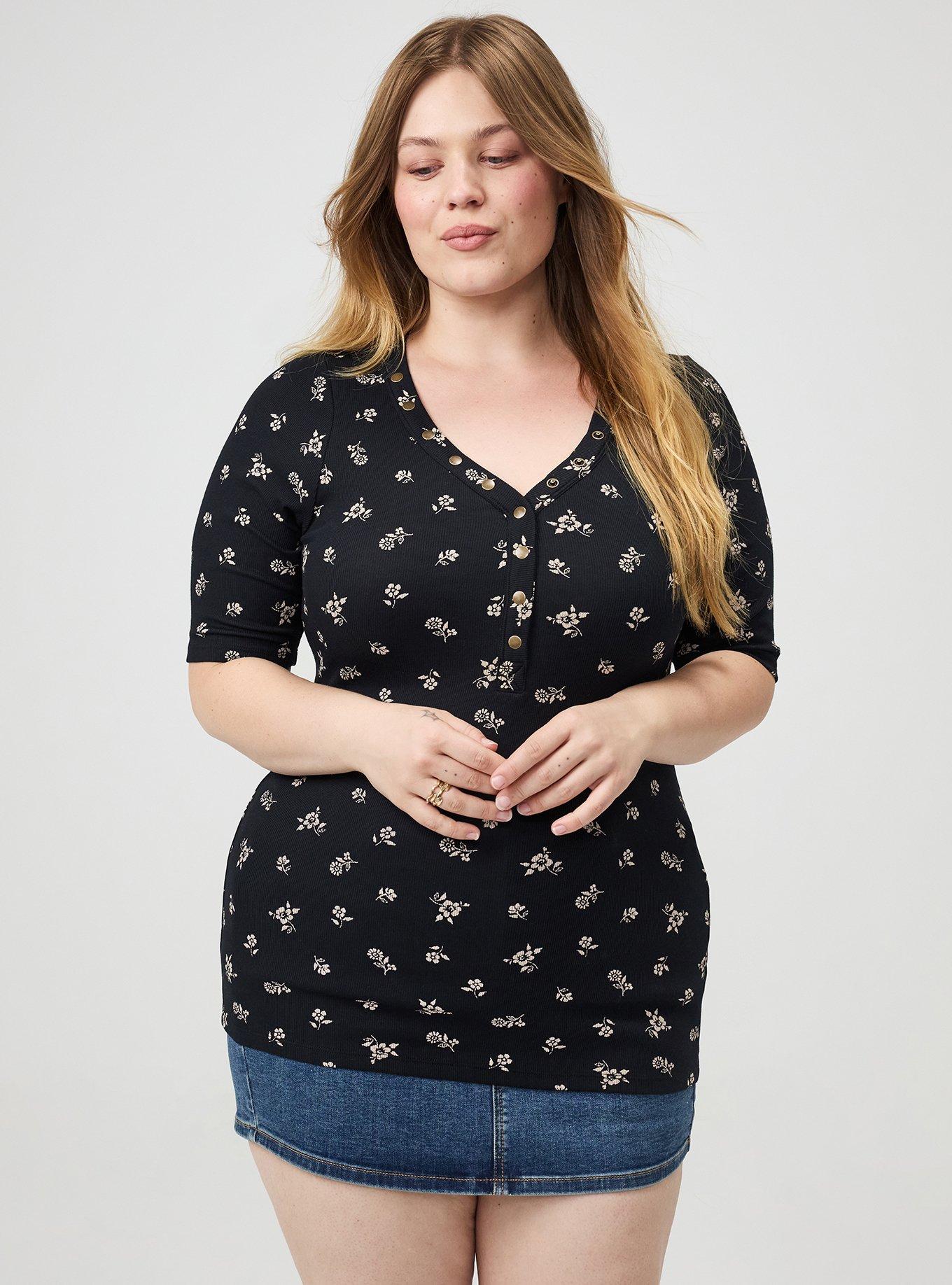 Plus Size Cotton Modal Rib Curved Henley Top, MERRIT DITSY BLACK, alternate