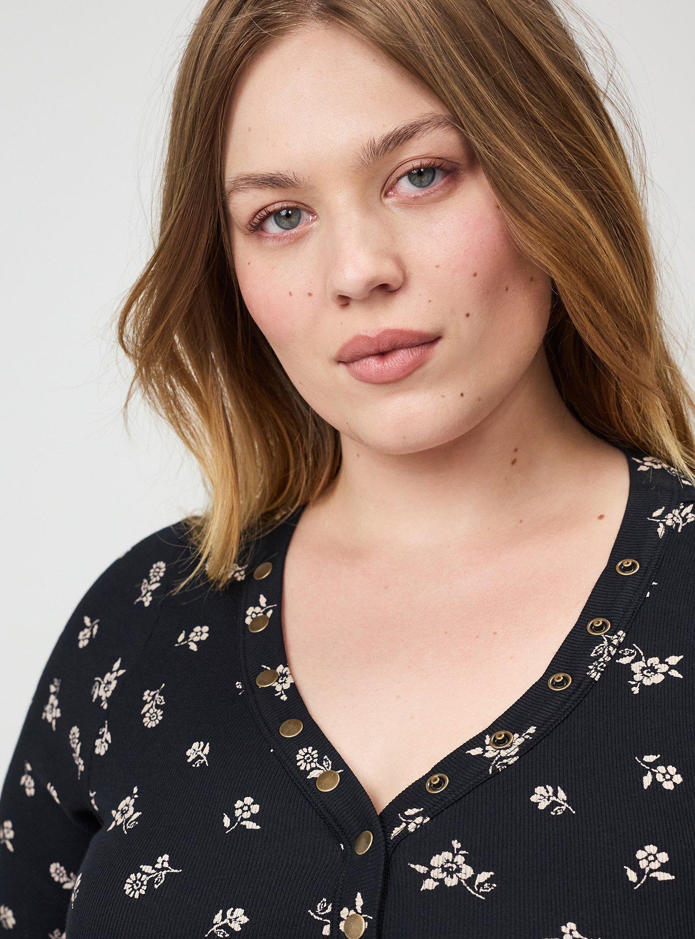 Plus Size Cotton Modal Rib Curved Henley Top, MERRIT DITSY BLACK, alternate