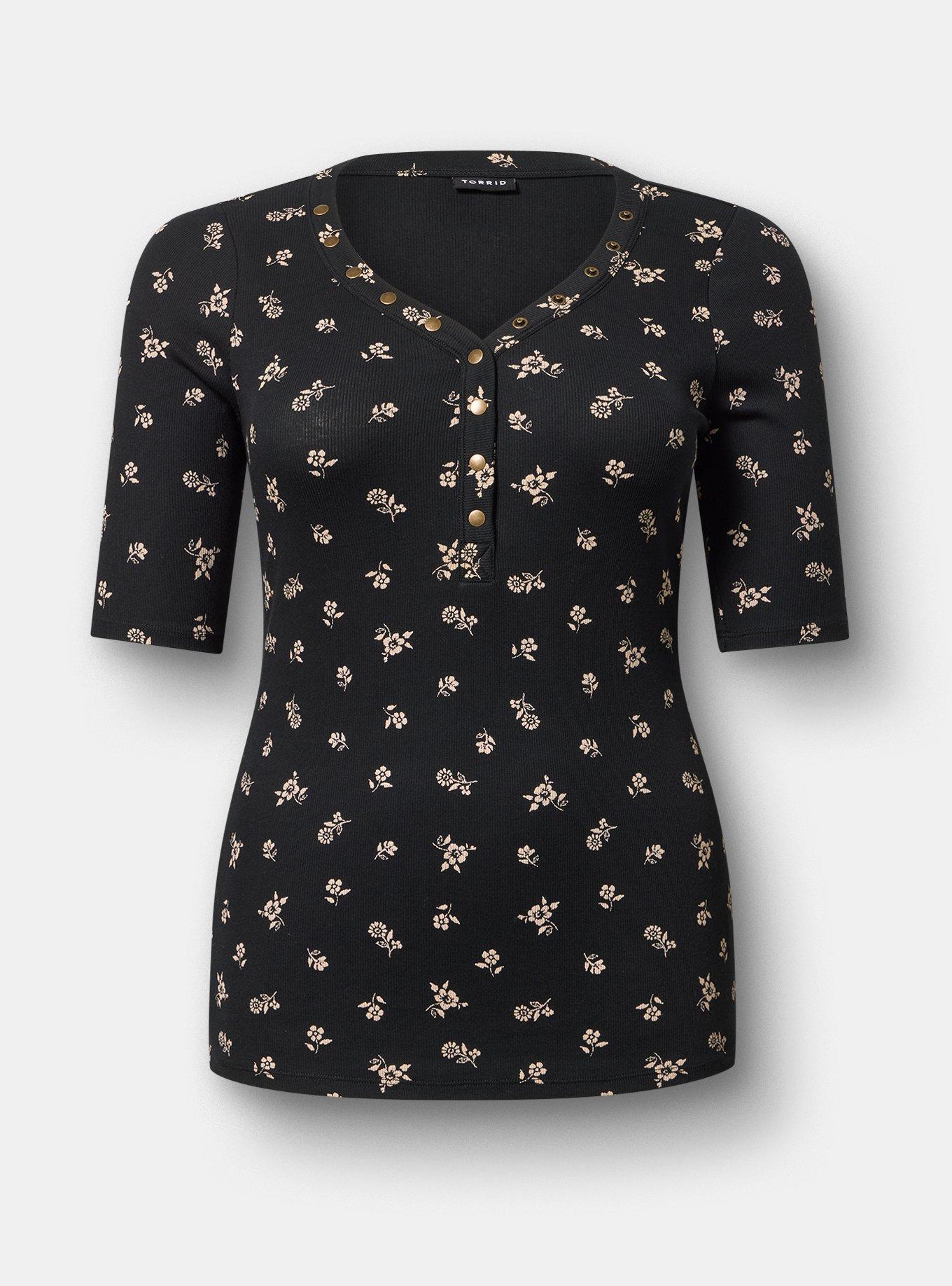 Plus Size Cotton Modal Rib Curved Henley Top, MERRIT DITSY BLACK, flat