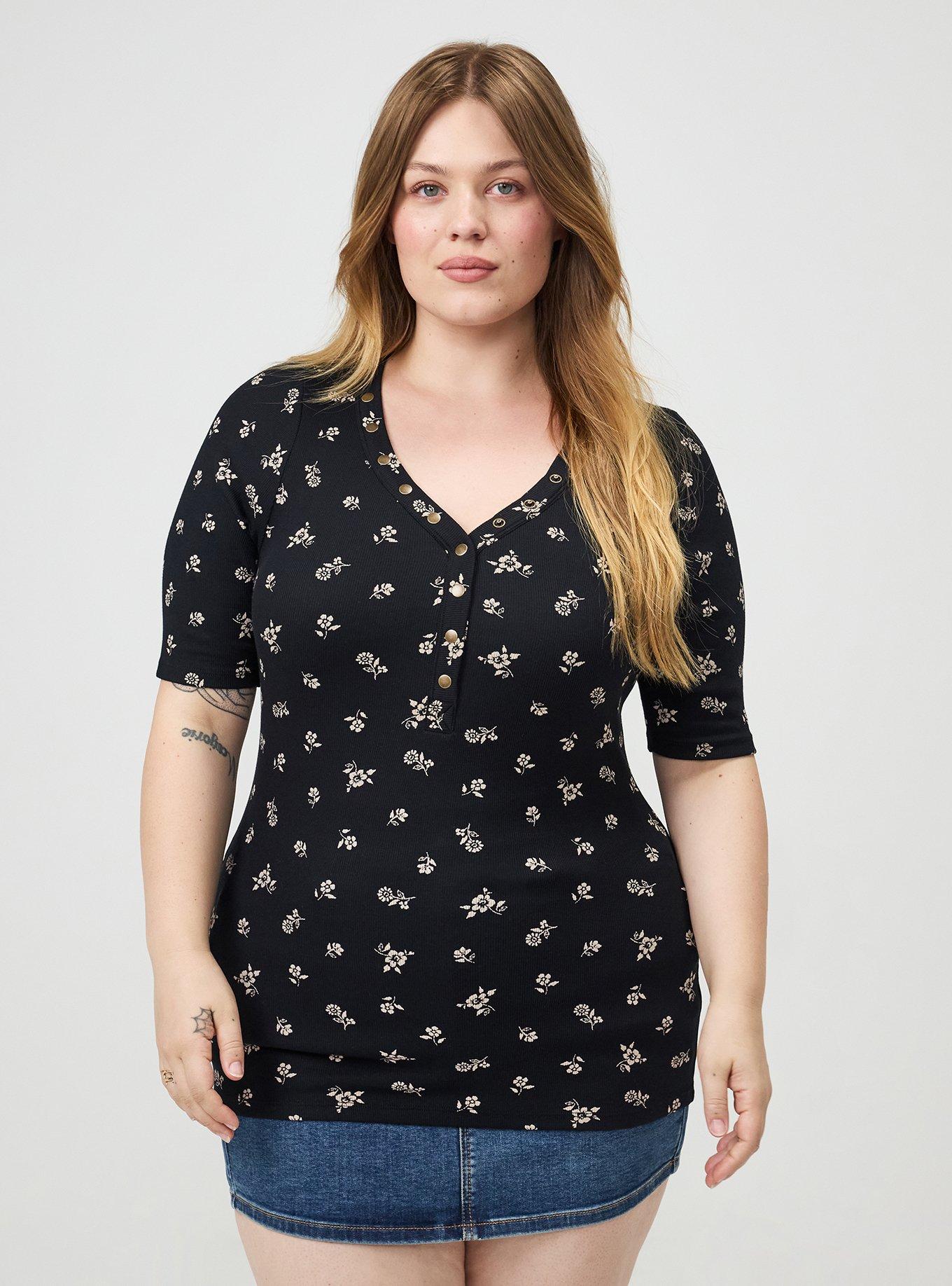 Plus Size Cotton Modal Rib Curved Henley Top, MERRIT DITSY BLACK, hi-res