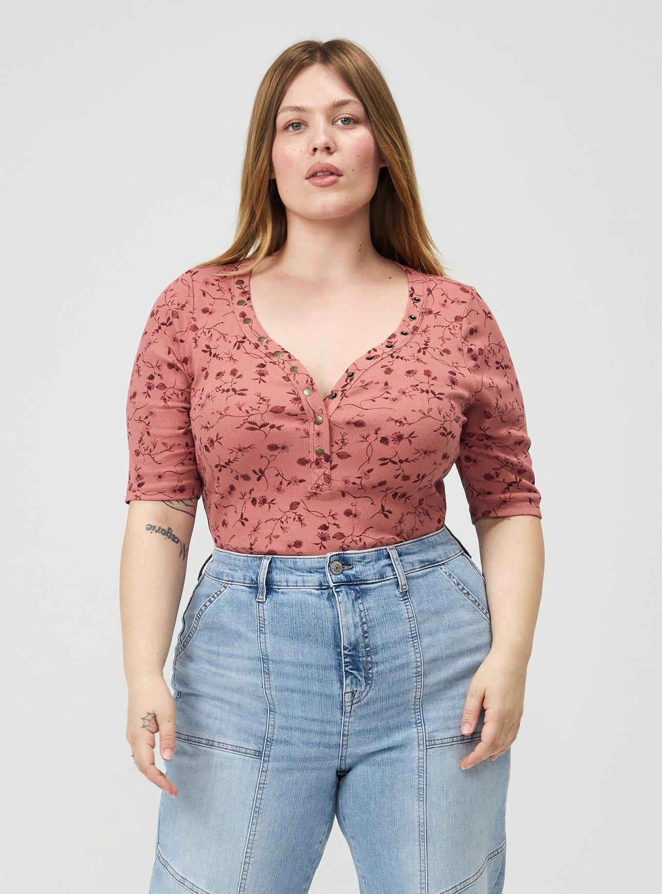 Cotton Modal Rib Curved Henley Top, JEAN VINE FLORAL CORAL, alternate