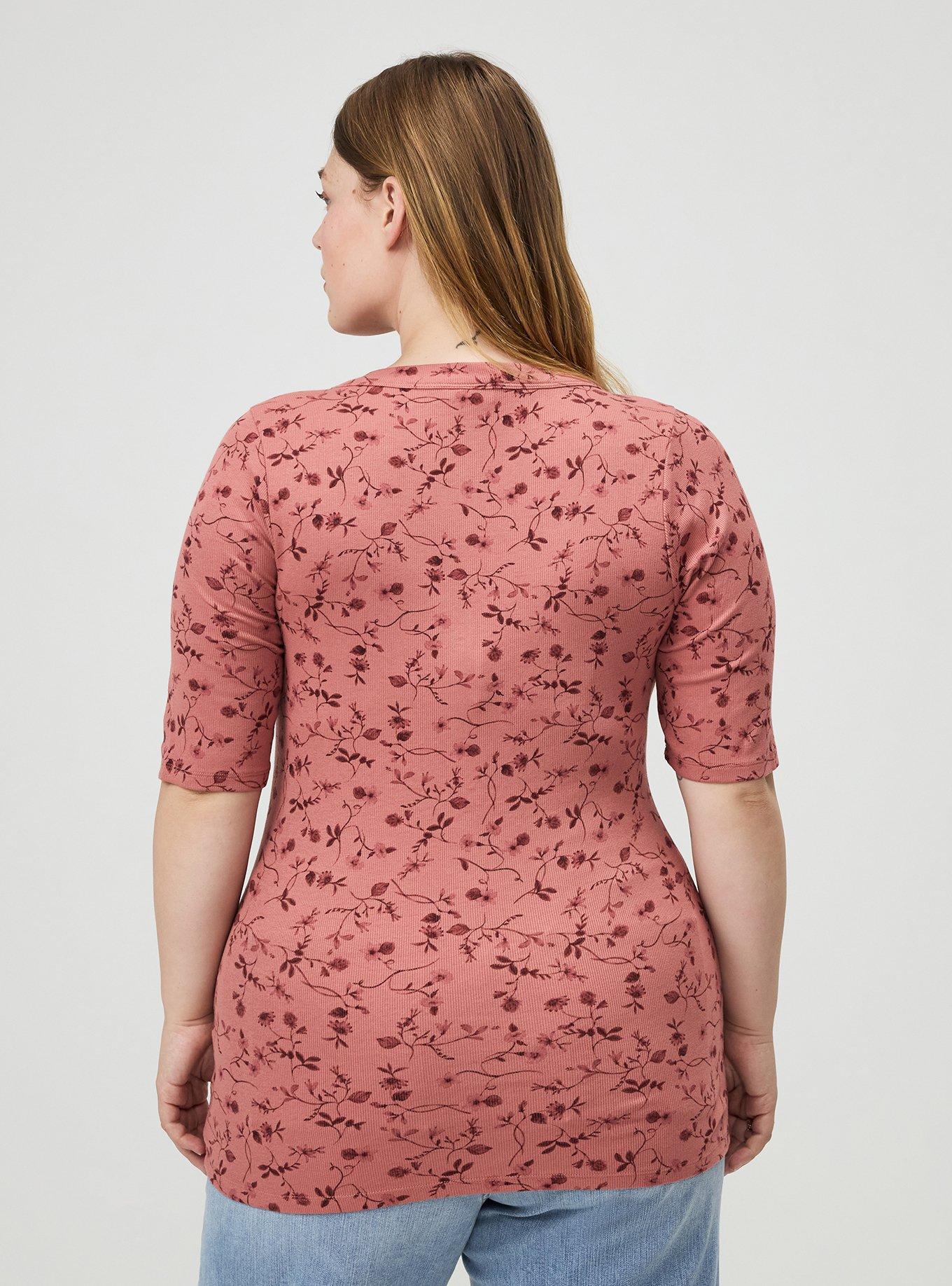 Cotton Modal Rib Curved Henley Top, JEAN VINE FLORAL CORAL, alternate