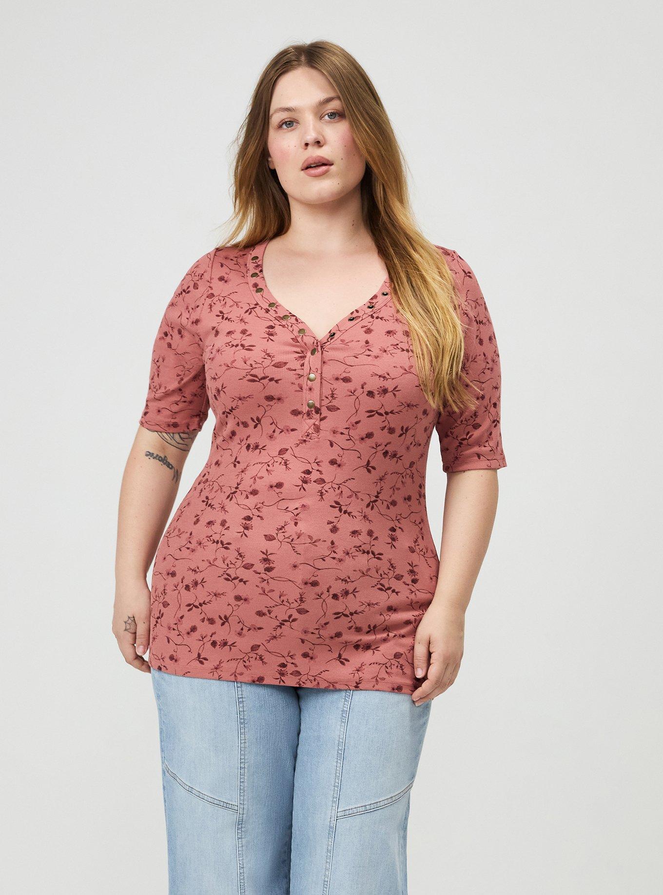 Cotton Modal Rib Curved Henley Top, JEAN VINE FLORAL CORAL, alternate
