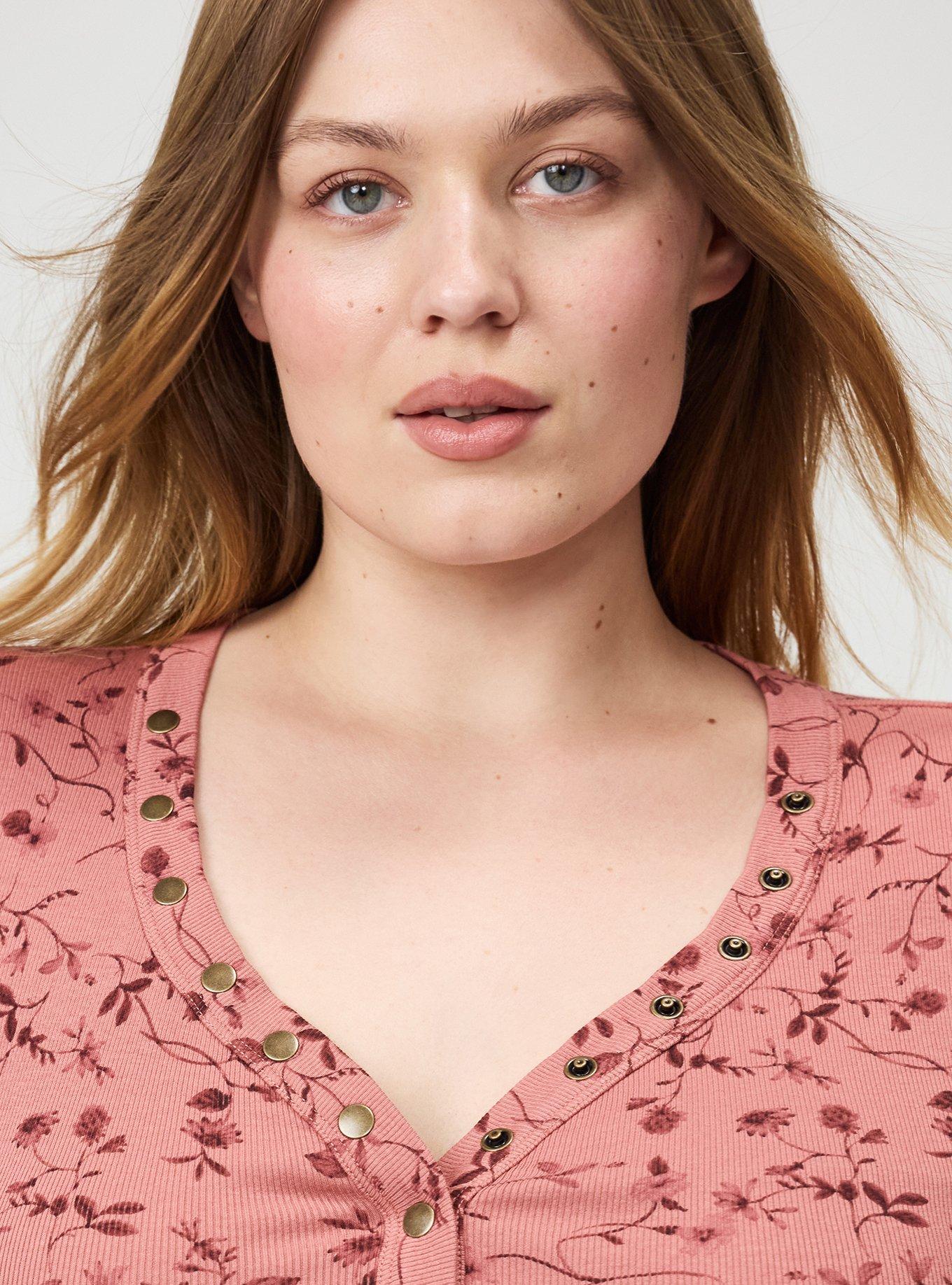 Cotton Modal Rib Curved Henley Top, JEAN VINE FLORAL CORAL, alternate