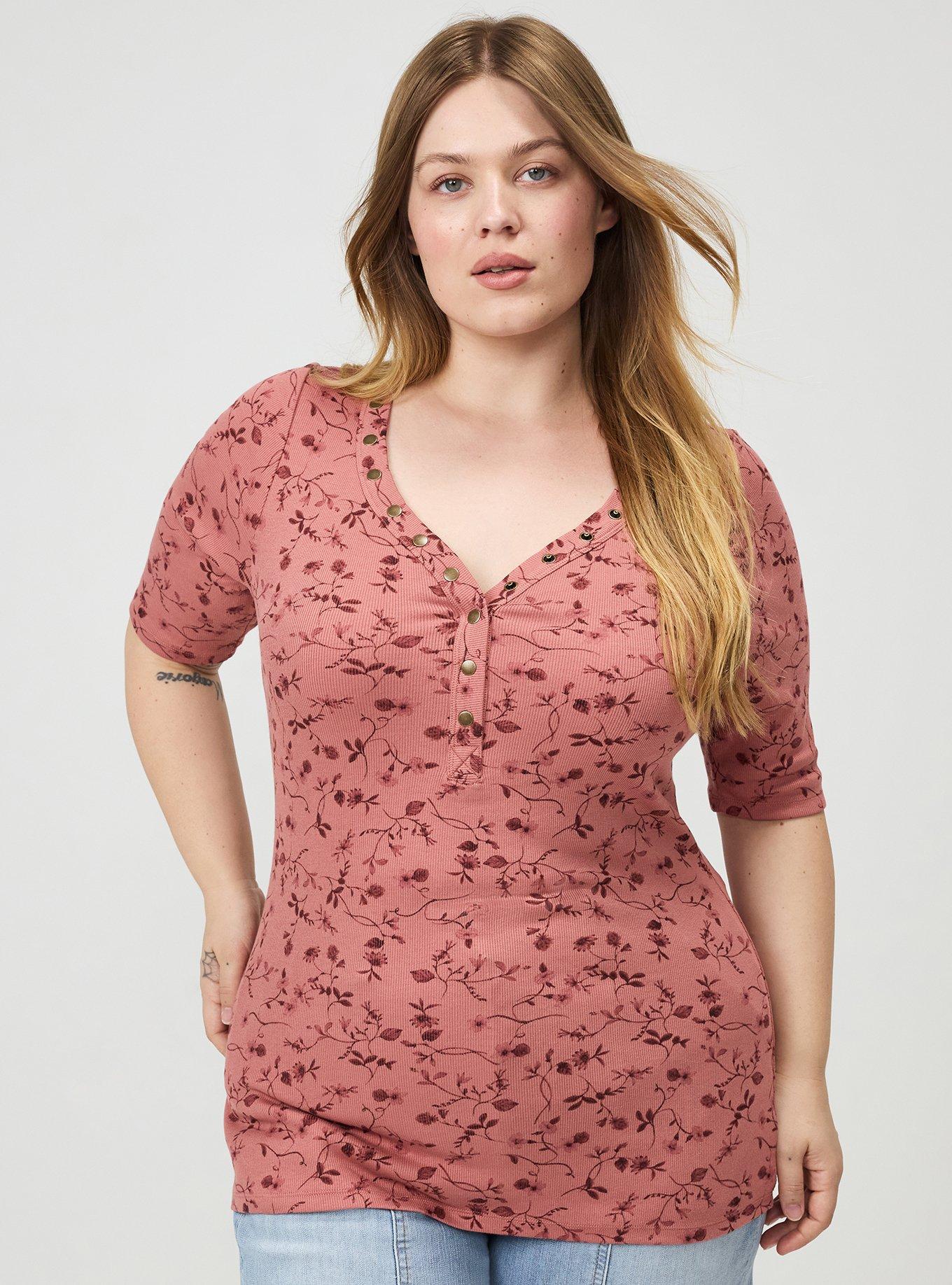 Cotton Modal Rib Curved Henley Top, JEAN VINE FLORAL CORAL, hi-res