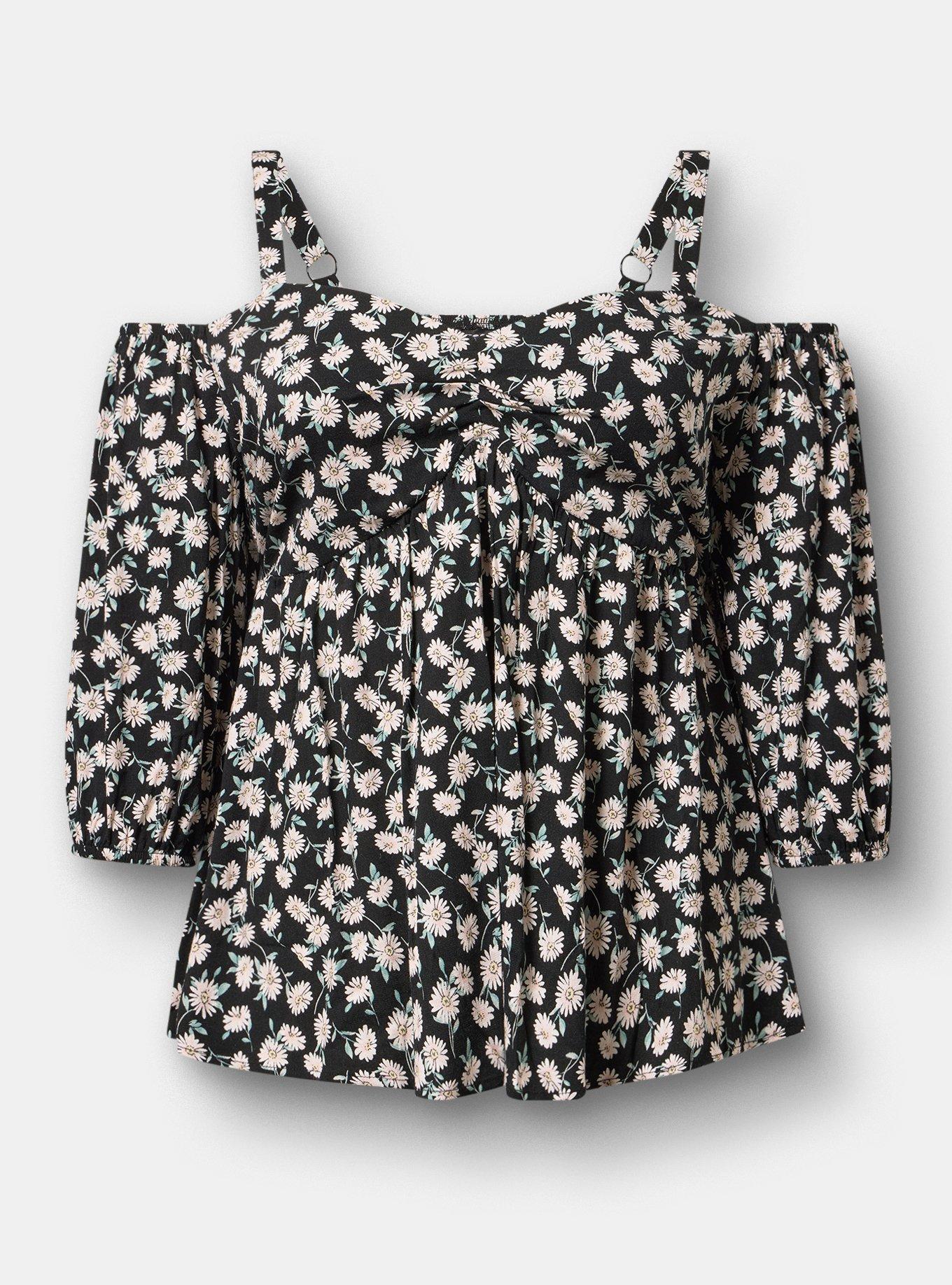 Cold Shoulder Babydoll, CUTE DAISY DITSY FLORAL BLACK, flat