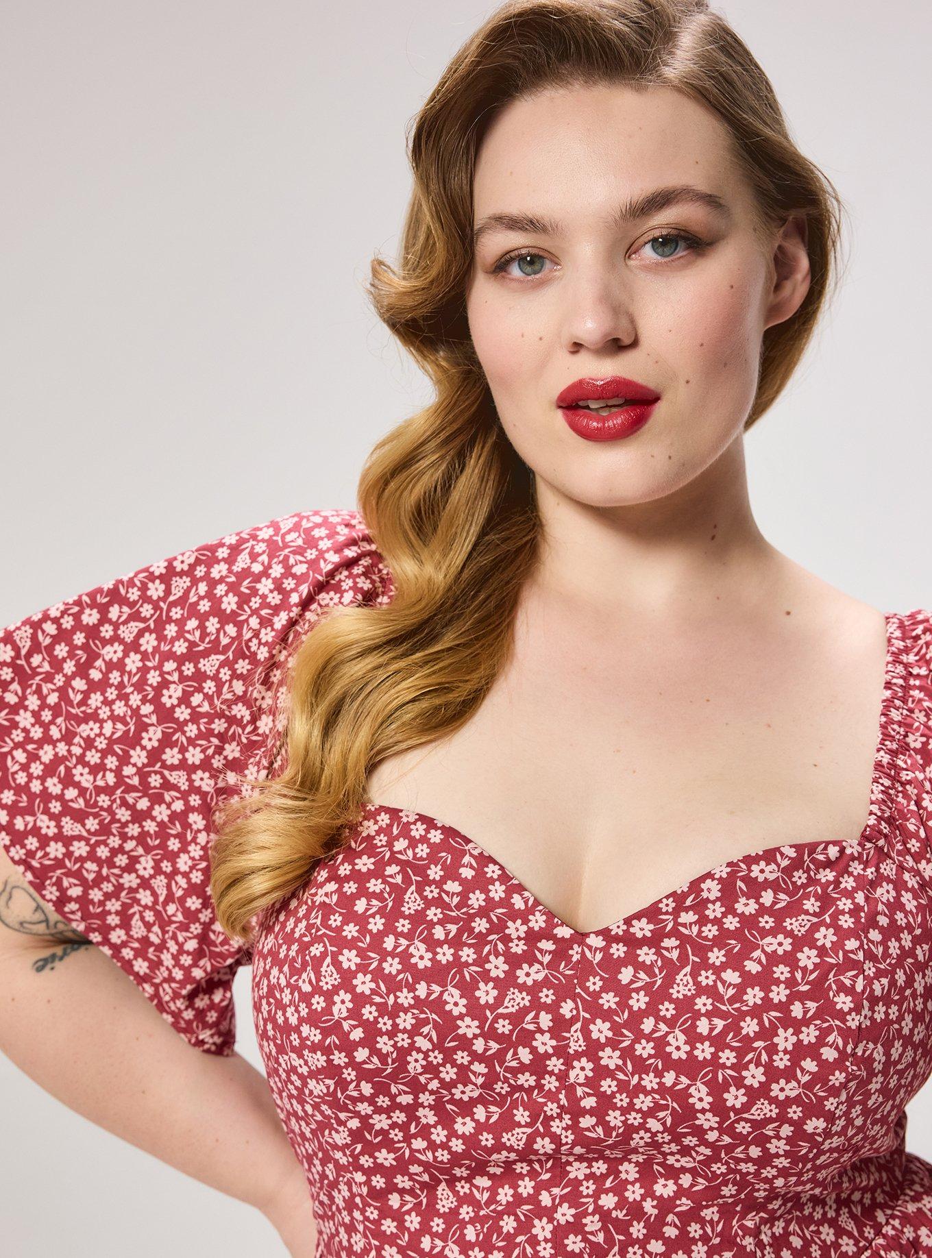 Plus Size Retro Chic Puff Sleeve Mini Dress, SHINE DITSY FLORAL BEET, alternate