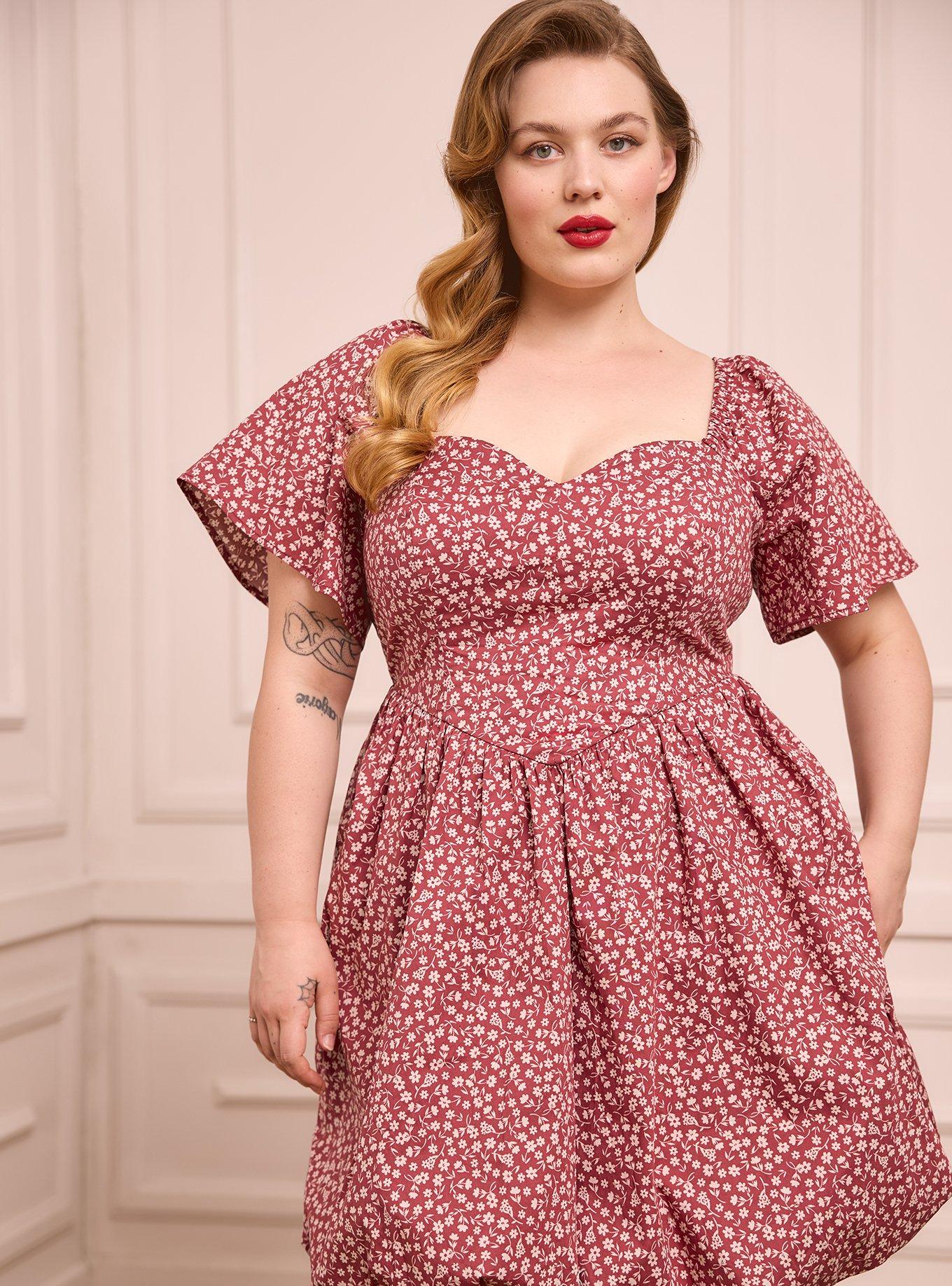 Plus Size Retro Chic Puff Sleeve Mini Dress, SHINE DITSY FLORAL BEET, alternate
