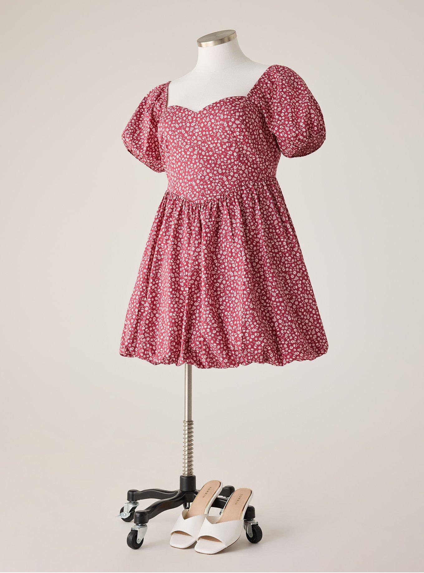 Plus Size Retro Chic Puff Sleeve Mini Dress, SHINE DITSY FLORAL BEET, flat