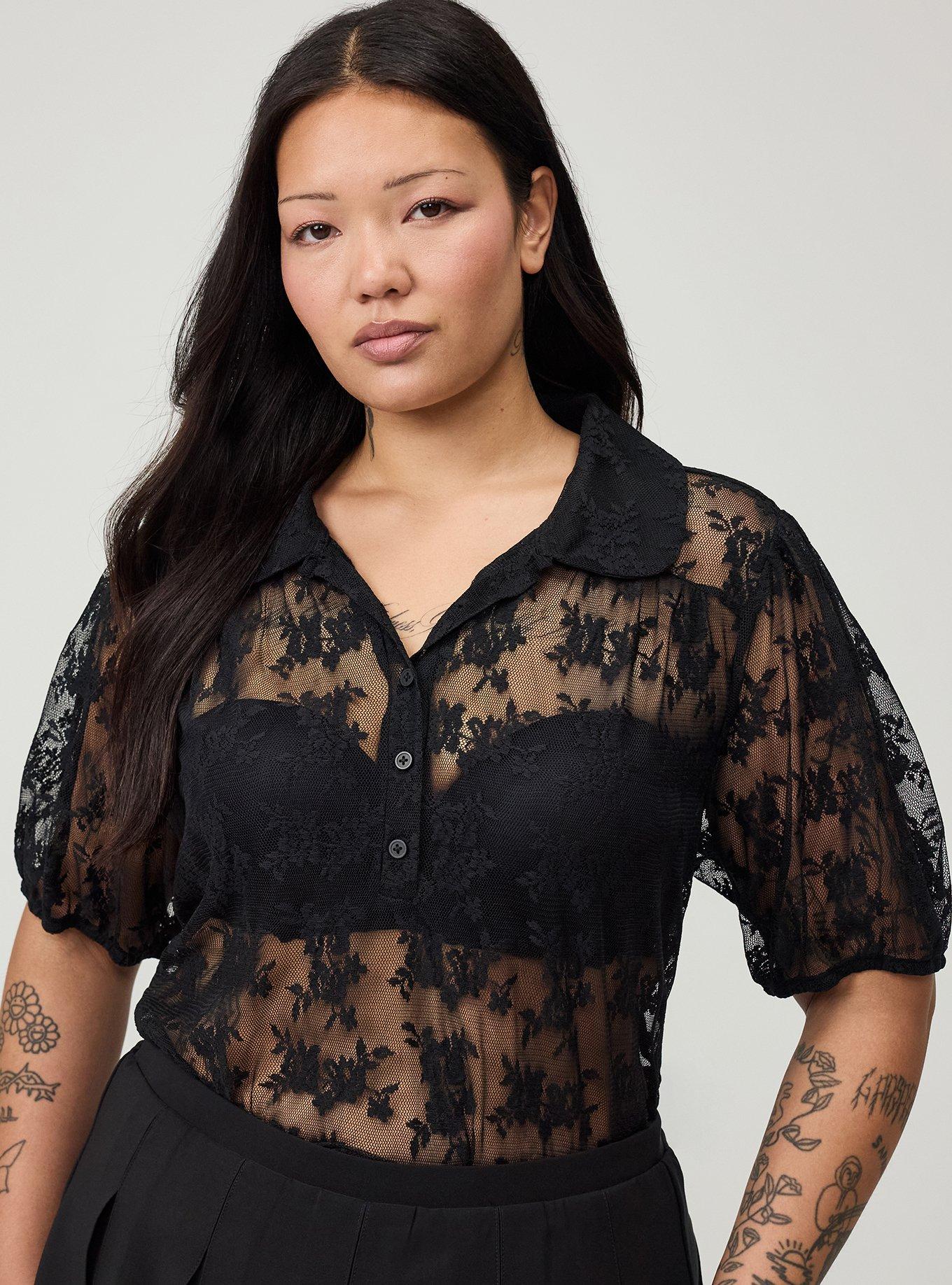 Lace Button-Up Top, DEEP BLACK, alternate