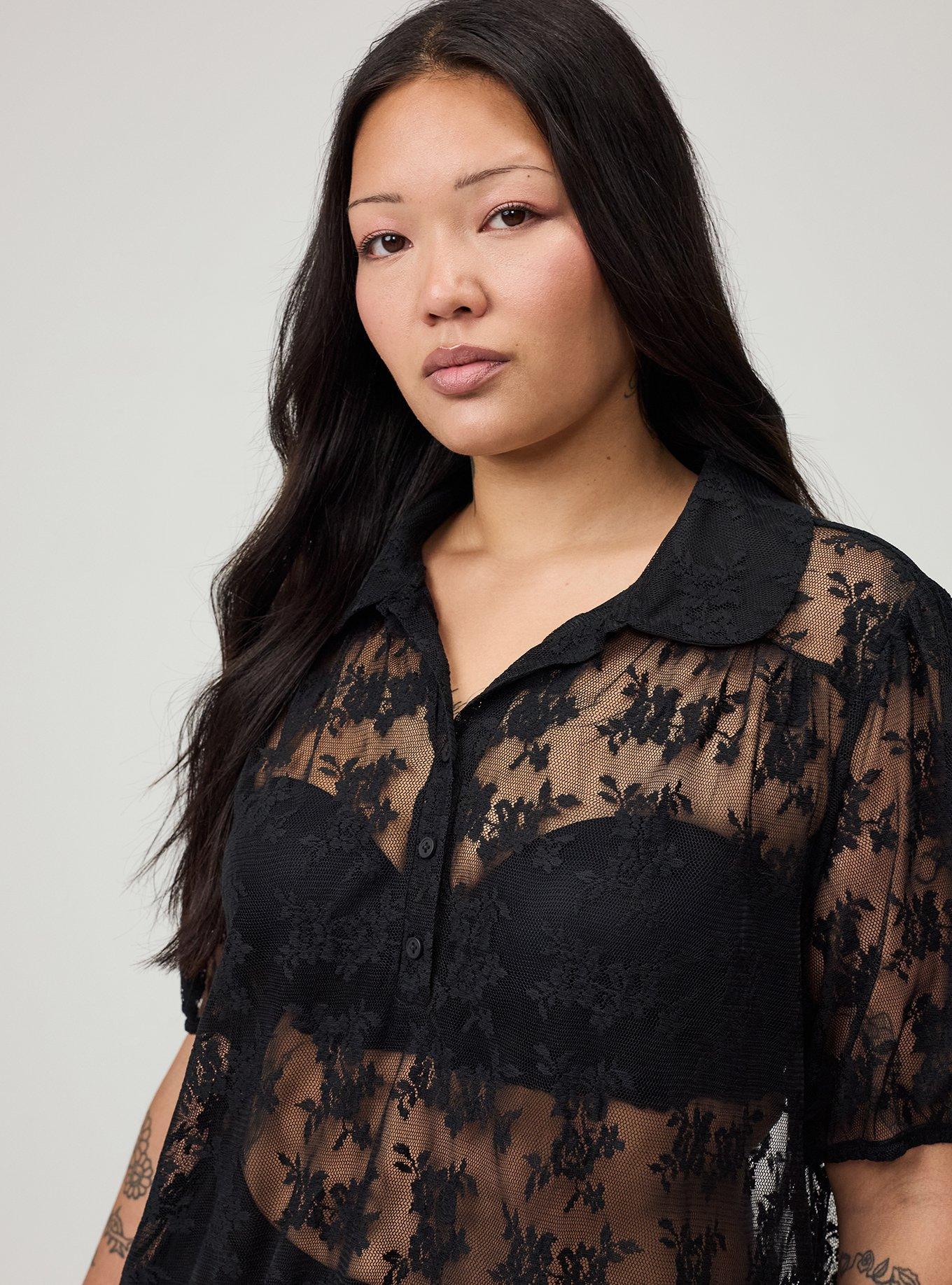 Lace Button-Up Top, DEEP BLACK, alternate