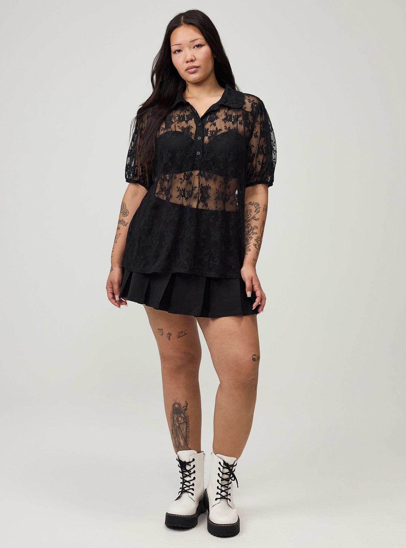Lace Button-Up Top, DEEP BLACK, alternate