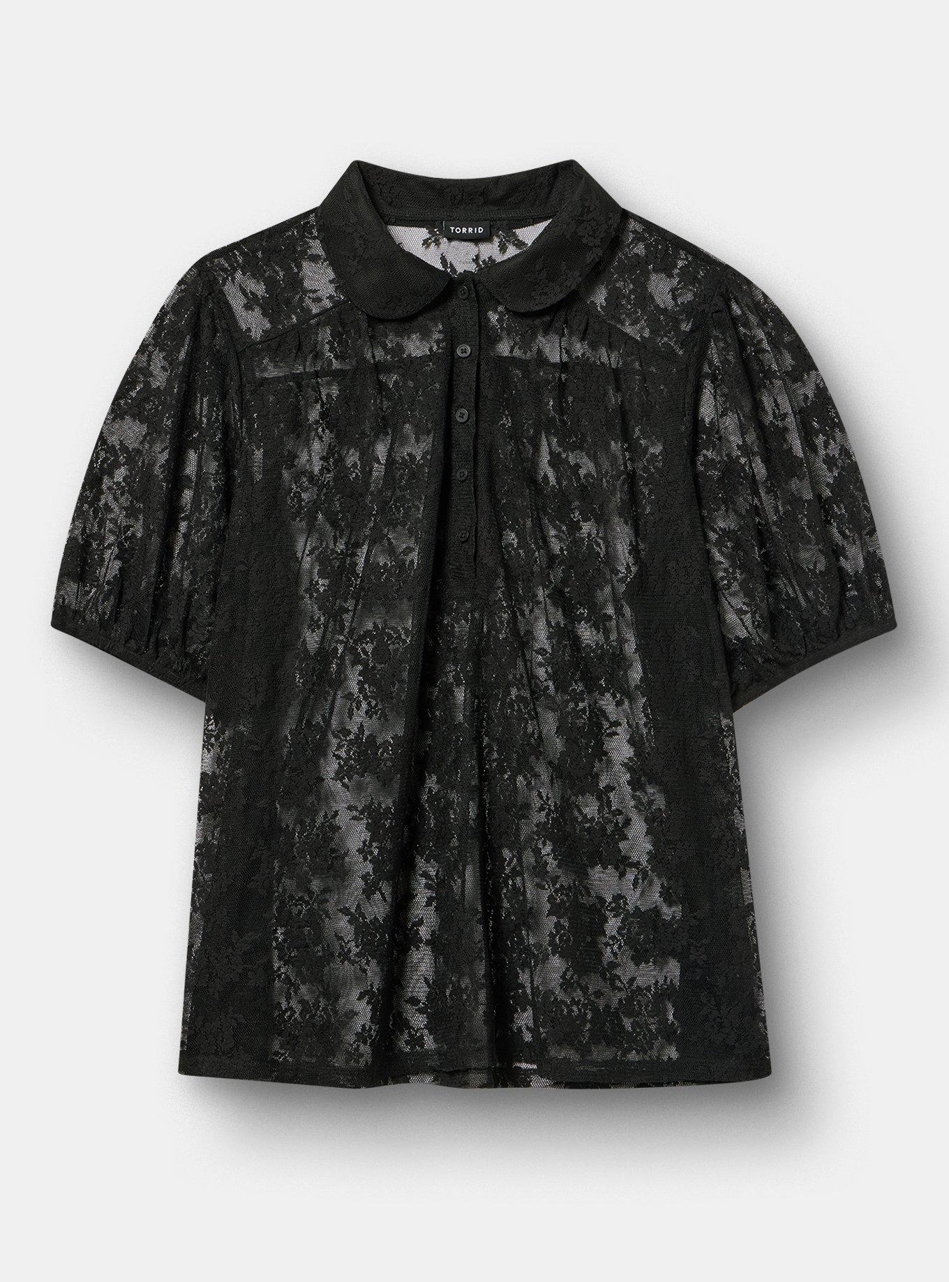 Lace Button-Up Top, DEEP BLACK, flat