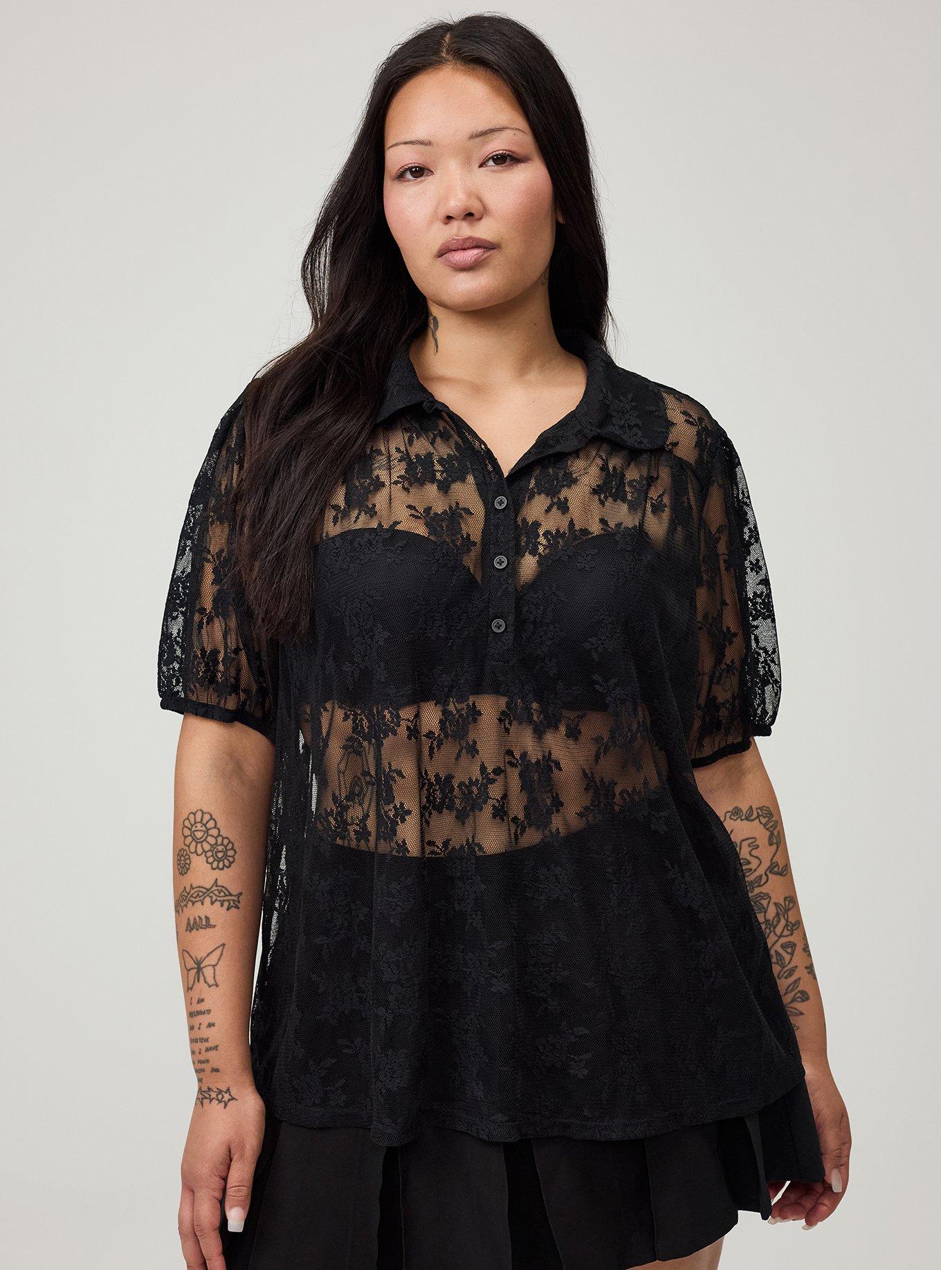 Lace Button-Up Top, DEEP BLACK, hi-res