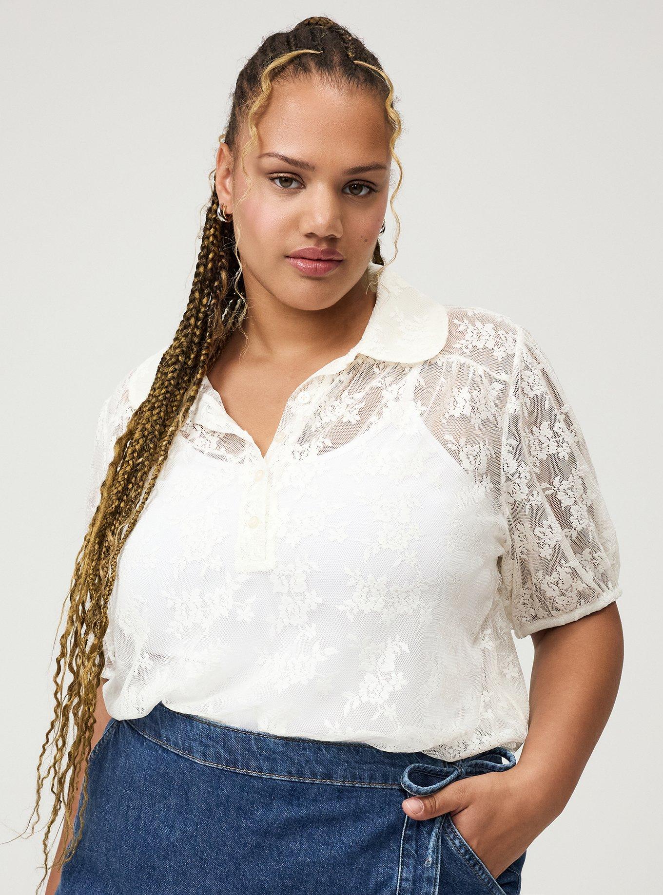 Lace Button-Up Top, WHISPER WHITE, alternate